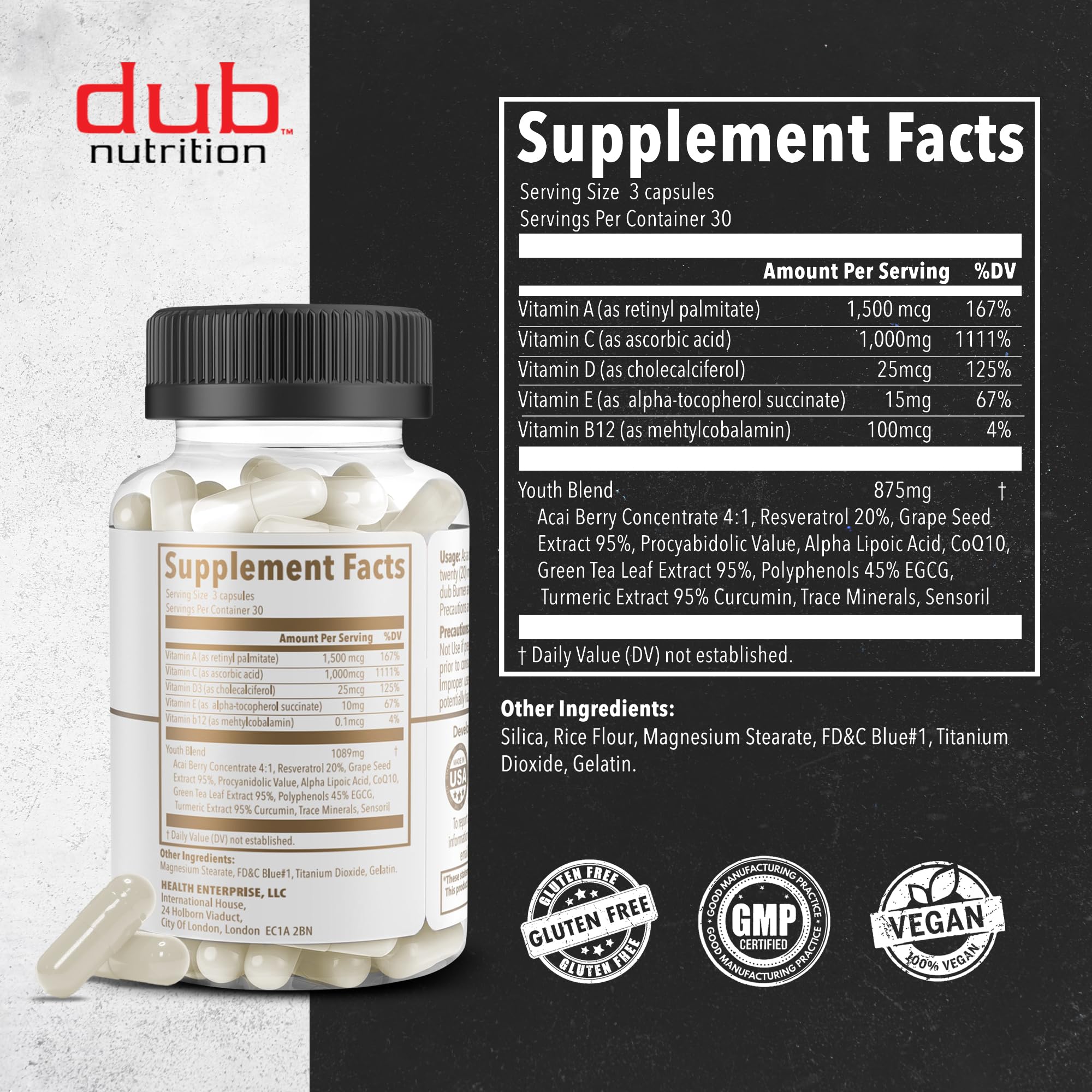 Dub Nutrition Youth - Formula with Acai, Resveratrol, Curcumin, Vitamins A, C, D, E, B12, and CoQ10 - Supports Immunity and Mobility - 90 Capsules Dub NutritionBuy Supplements Australia