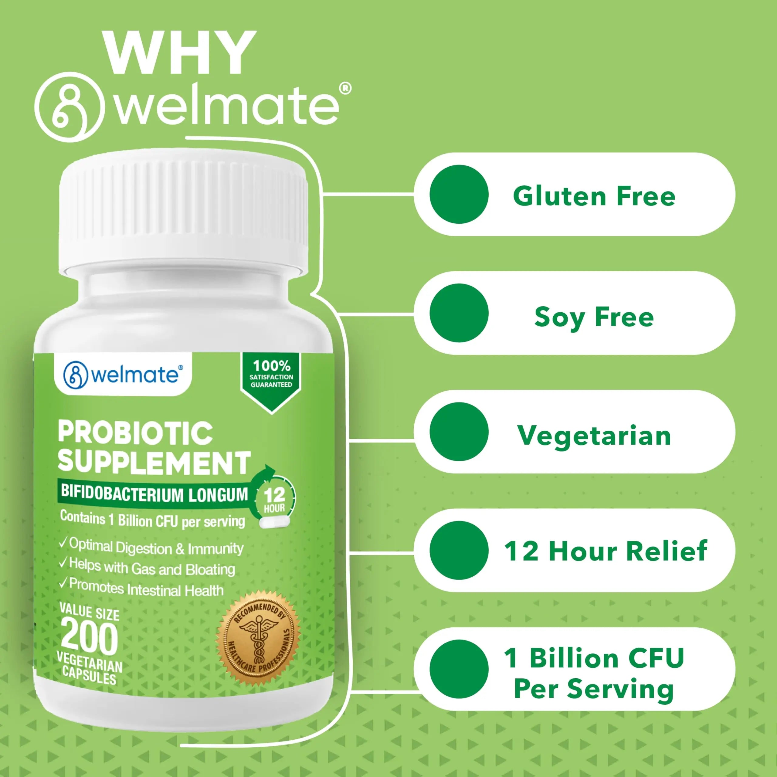 WELMATE Bifidobacterium - Probiotic Supplement - Supports Gut Health - Immune Support - Digestive Enzymes - Gluten Free - Vegan - Men & Womens Probiotic - Value Size - 200 Count WELMATE buy supplements Au