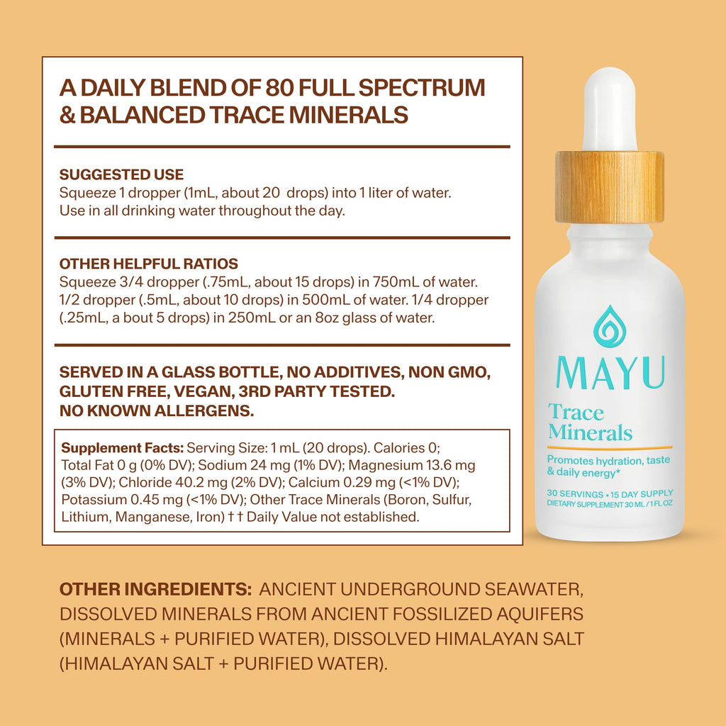 MAYU Trace Mineral Drops - 1 Bottle - 80+ Full-Spectrum Ionic Minerals for Water - Great-Tasting Mineral Supplement for Hydration - Magnesium, Potassium & Zinc - No Additives - 30 Servings