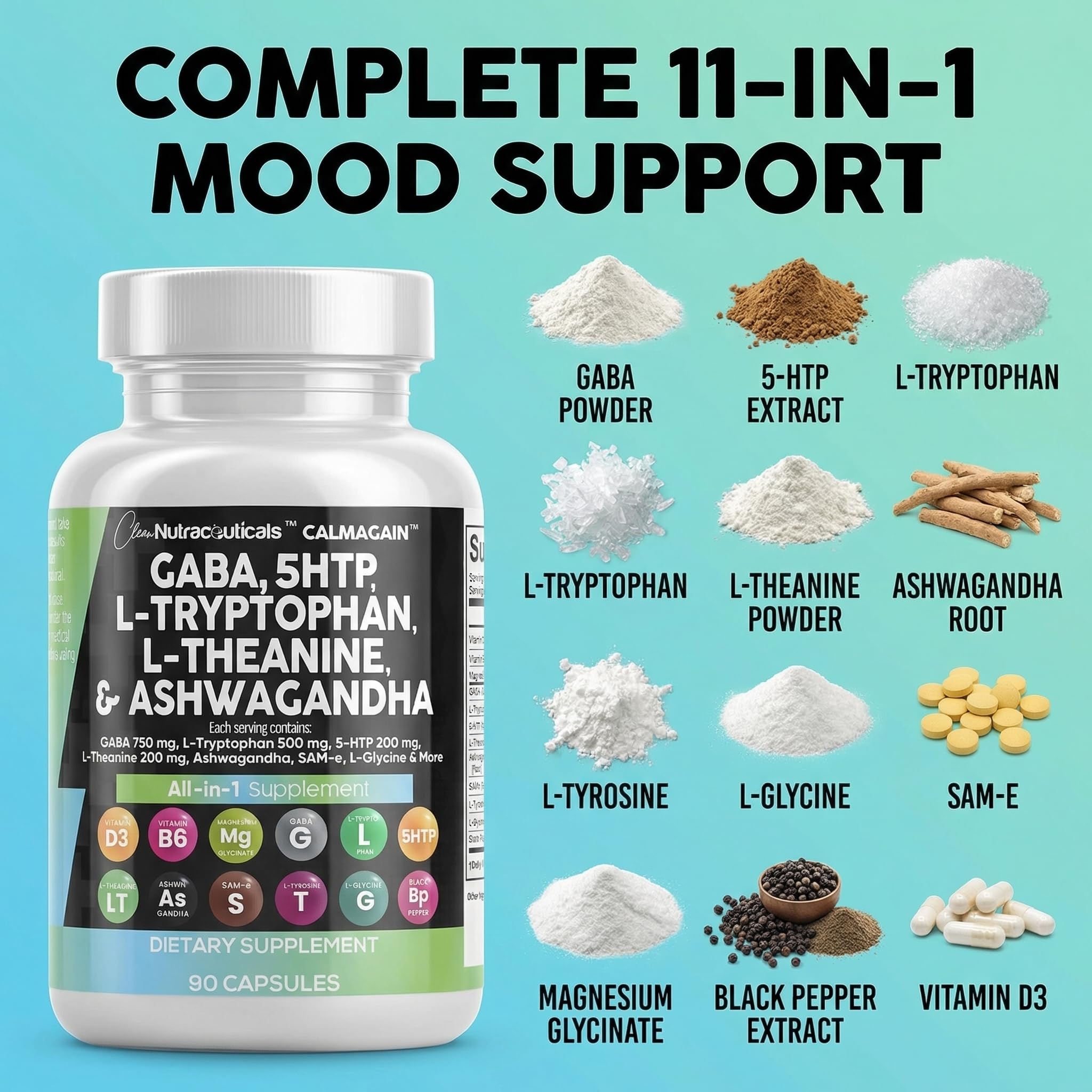 Clean Nutraceuticals GABA 750mg 5 HTP 200mg L Tryptophan 500mg L Theanine 200mg Ashwagandha SAM-e L-Glycine - Mood Support Vitamins for Women and Men with L-Tyrosine 5-HTP (5-Hydroxytryptophan) Clean Nutraceuticals buy supplements Au
