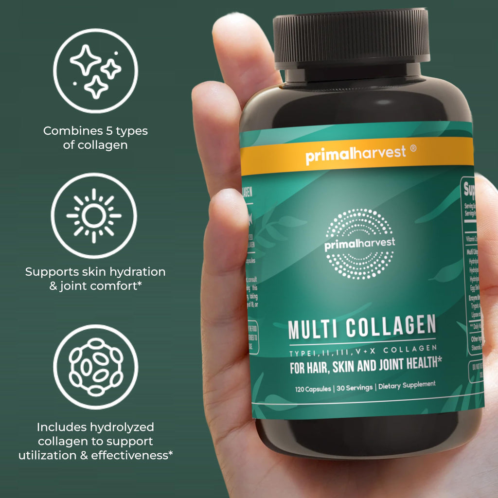 Primal Harvest Multi Collagen Pills for Women and Men (Type I, II, III, V, X) 120 Capsules w/Vitamin C for Hair, Skin, Nails Primal Harvest buy supplements Au