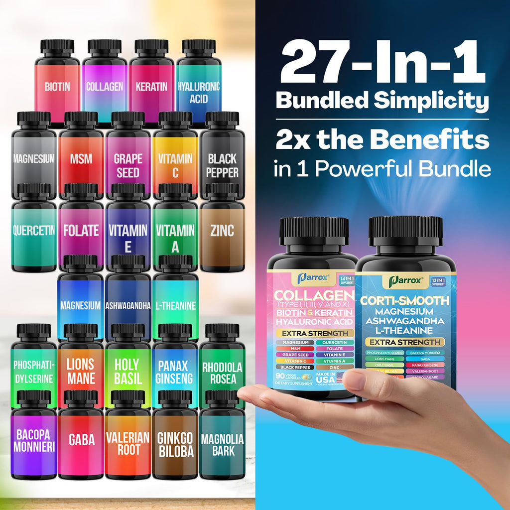 Parrox Shining Serenity Set, Cortisol Support with Ashwagandha, L-Theanine, Magnesium, Lions Mane, GABA, Bacopa Monnieri, Collagen I, II, III, V, X, Folate, Biotin, Keratin, Hyaluronic Acid, Quercetin ParroxBuy Supplements Australia