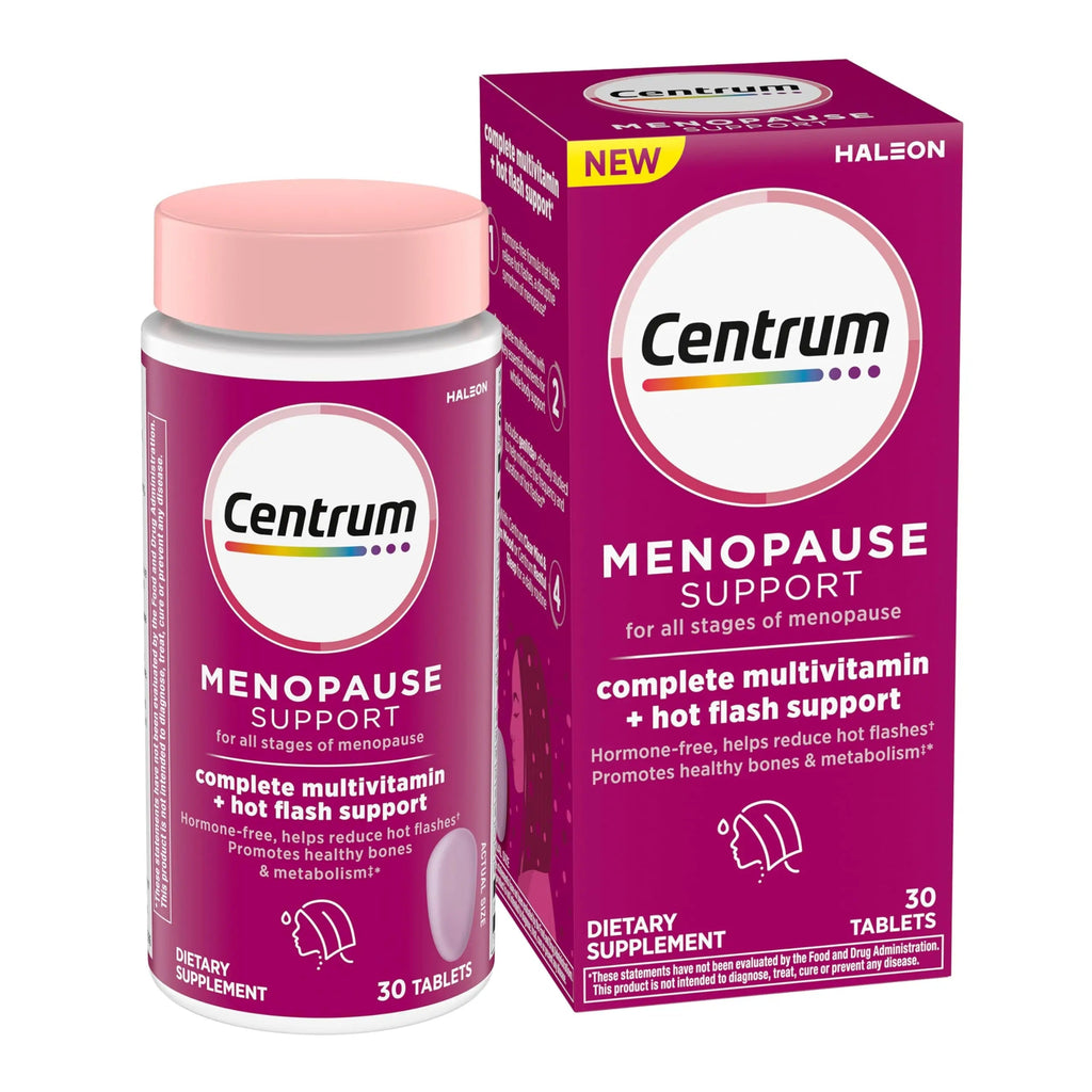 Centrum Complete Multivitamin Supplement + Hot Flash Support Menopause Support Tablets, with Clinically Studied geniVida, 30 Count Centrum
