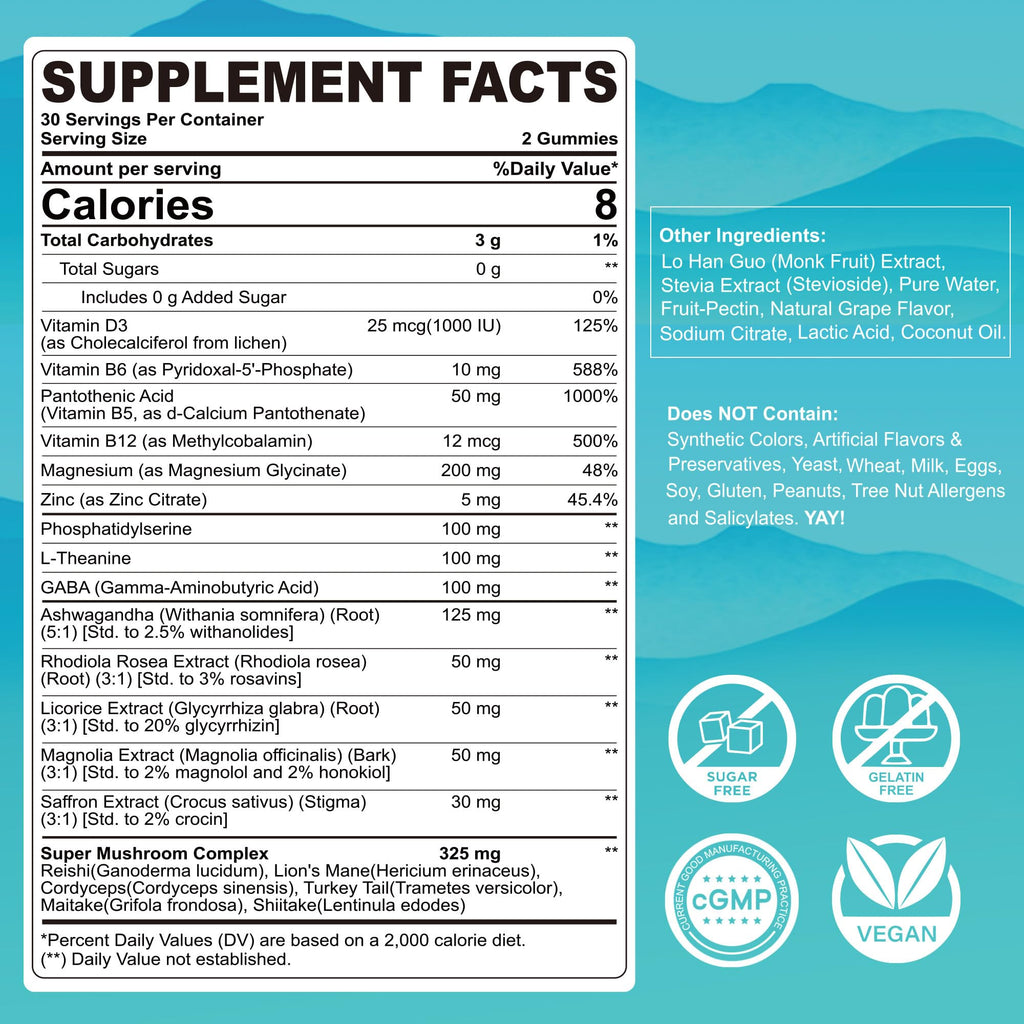 Cortisol Gummies for Women & Men, Sugar Free Cortisol Reducer Supplements w/ Magnesium, Ashwagandha, Mushroom, L-theanine, Rhodiola, Vitamin B6 B12 for Cortisol Detox, Relax, Sleep Support 2 Pack LILICAREBuy Supplements Australia
