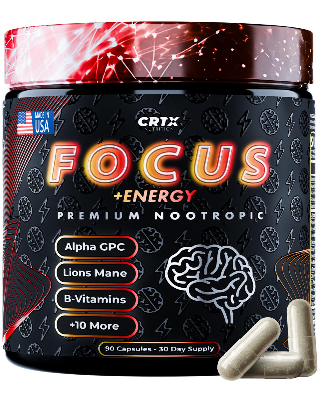 Nootropic Strongest Focus Supplement - Clinically Backed Ingredients Made in USA - Scientifically Backed Doses - Supplement for Brain Fog - AlphaGPC, Lions Mane, Rhodiola and More 10:1 90 Capsules CRTX NutritionBuy Supplements Australia