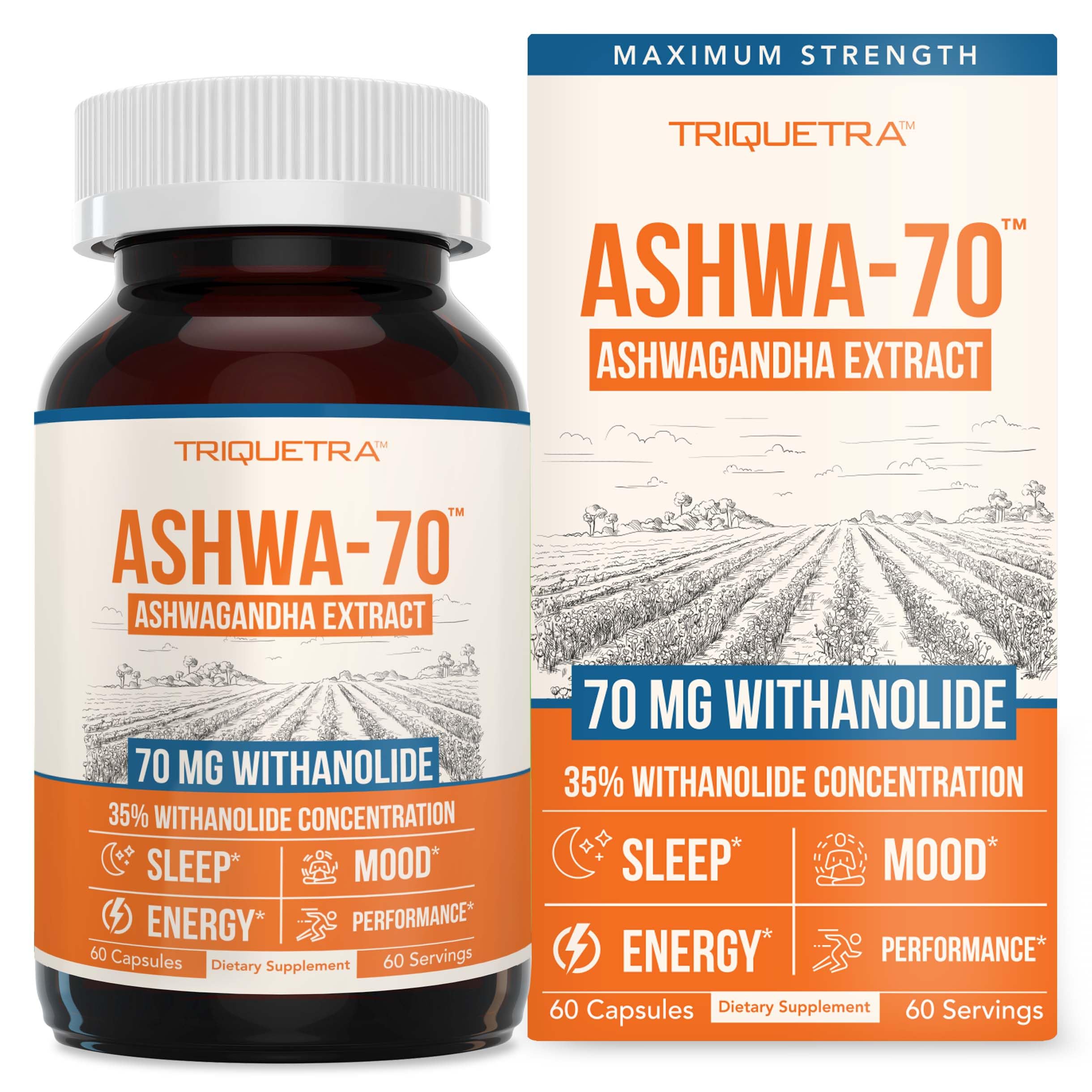Ashwa-70®: Ashwagandha Extract - 35% Withanolides | Max Strength, Highest Withanolide Concentration - Mood & Performance - Enhanced Absorption with BioPerine® Black Pepper (60 Capsules) Triquetra HealthBuy Supplements Australia