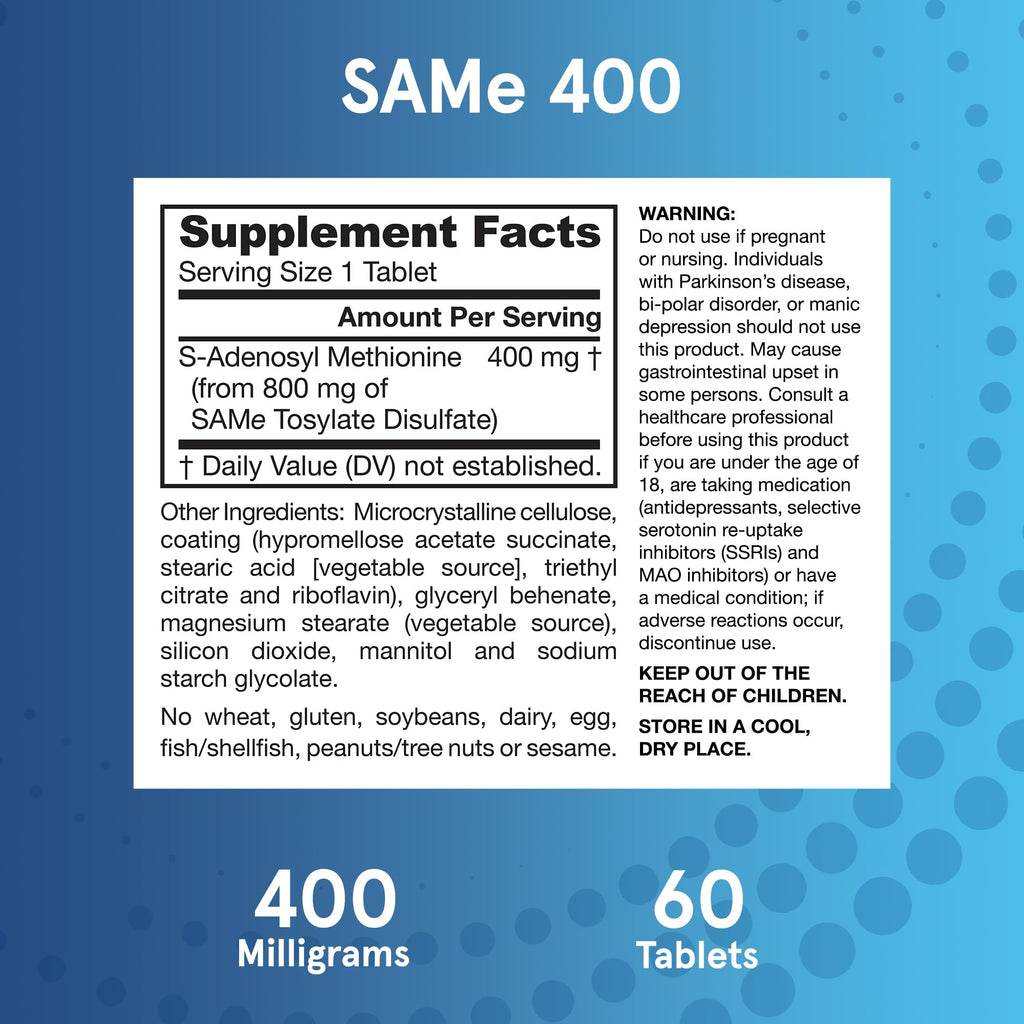 Jarrow Formulas SAMe Supplement 400 mg - 60 Tablets - High Concentration of Active S,S Form - Supports Joint Health, Liver Function, Brain Metabolism, Balanced Mood & Antioxidant Defense - 60 Servings Jarrow FormulasBuy Supplements Australia