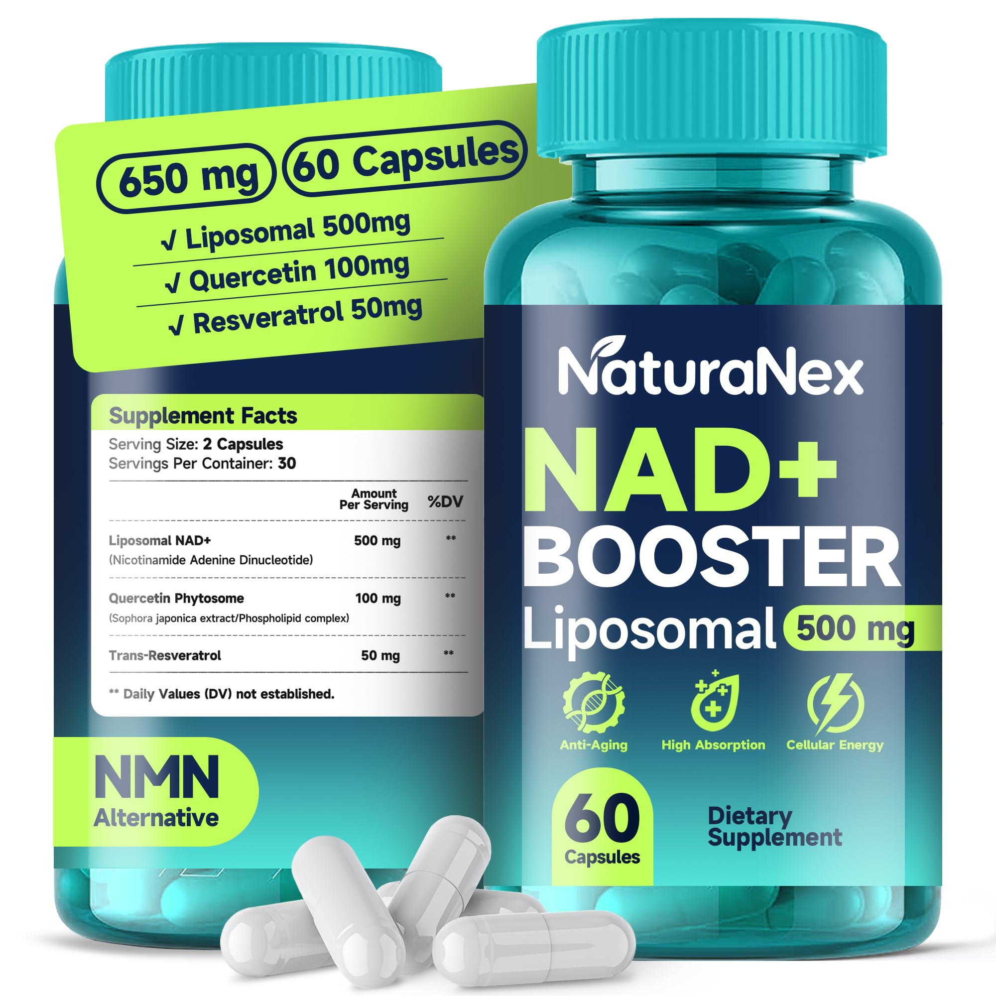 NaturaNex NAD+ Supplement 650mg (60 Capsules), Liposomal NAD+ with Resveratrol & Quercetin, Third-Party Tested, NMN Supplement Alternative NaturaNexBuy Supplements Australia