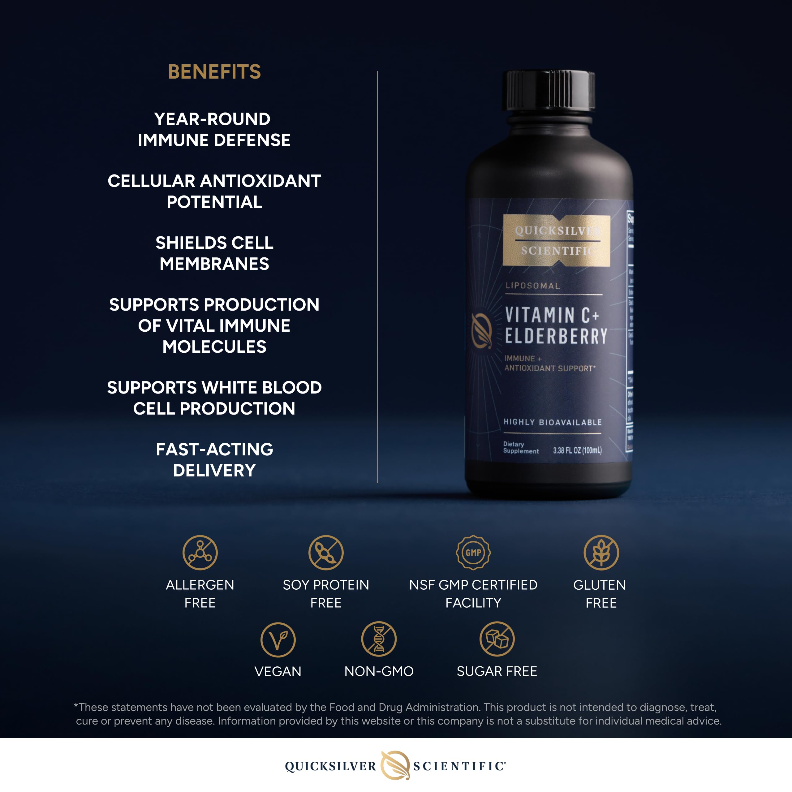 Quicksilver Scientific Liposomal Vitamin C + Elderberry - 1000mg with Superior Absorption Technology & Tocotrienols - Antioxidant & Immune Support Tonic (100ml), 1 Item Quicksilver ScientificBuy Supplements Australia