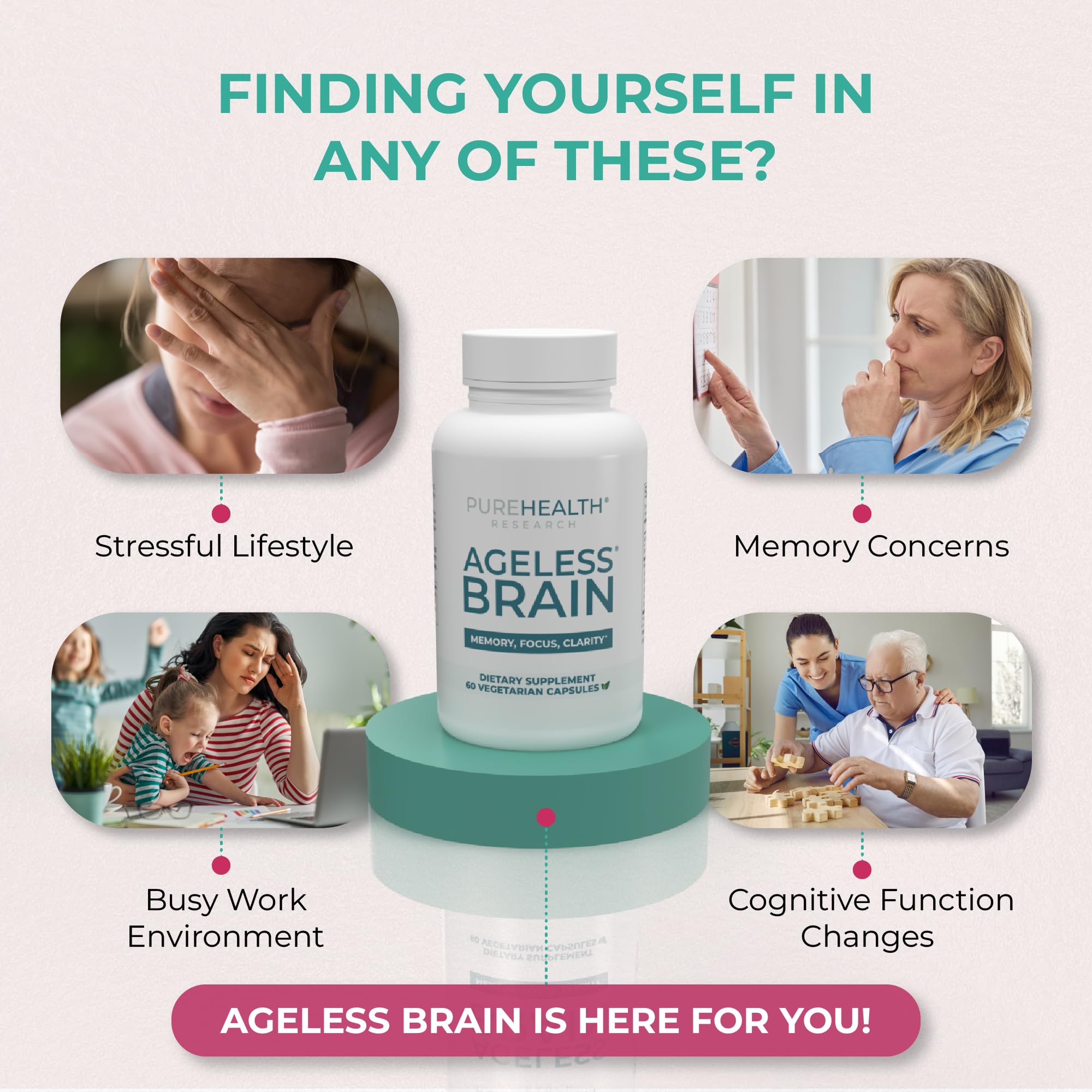 PUREHEALTH RESEARCH Ageless Brain Supplements for Memory and Focus - Nootropic Brain Health Supplement for Adults - with Bacopa Monieri, Alpha GPC, L-Tyrosine, Vitamin B6, Niacin & More, 60 Capsules PUREHEALTH RESEARCHBuy Supplements Australia