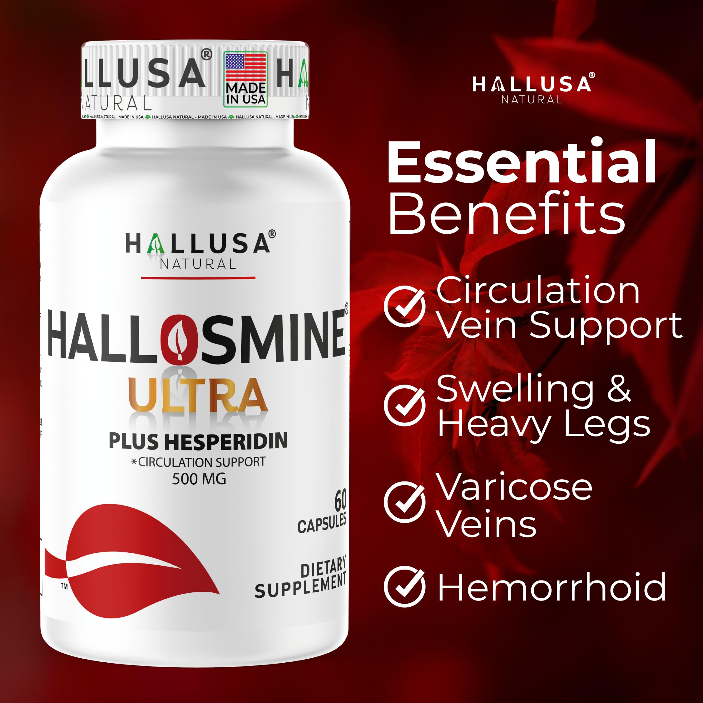 Hallosmine Ultra 650mg Diosmin Hesperidin, 60 Capsules + FREE Leg Cream with Diosmin, Hesperidin & Horse Chestnut, 4 oz | Blood Circulation & Vein Support Supplement, GMO Free, Gluten Free Hallusa NaturalBuy Supplements Australia