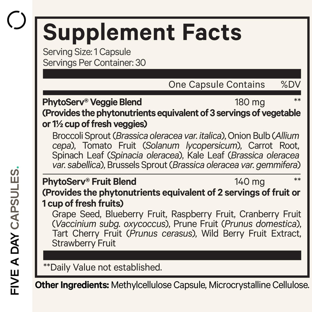 Codeage Instantfood Five A Day – Fruits & Vegetables Capsule Supplement – Whole Food Phytonutrients – 15 Fruits and Veggies Blend - Vegan, Non-GMO – 30 Capsules CodeageBuy Supplements Australia