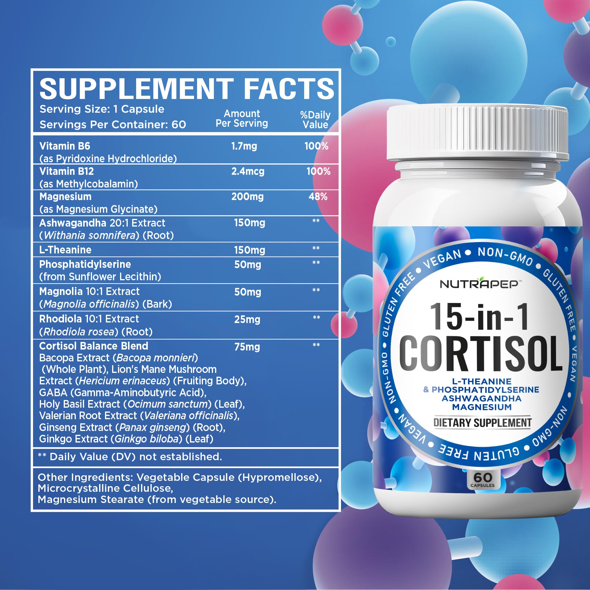 NutraPep Cortisol Detox Supplement Men Women - Reduce Lower Cortisol High Cortisol Reducer Blocker Control - Supports Stress Mood Rest Adrenal Calm Relax with Ashwagandha L-Theanine Magnesium NutraPepBuy Supplements Australia