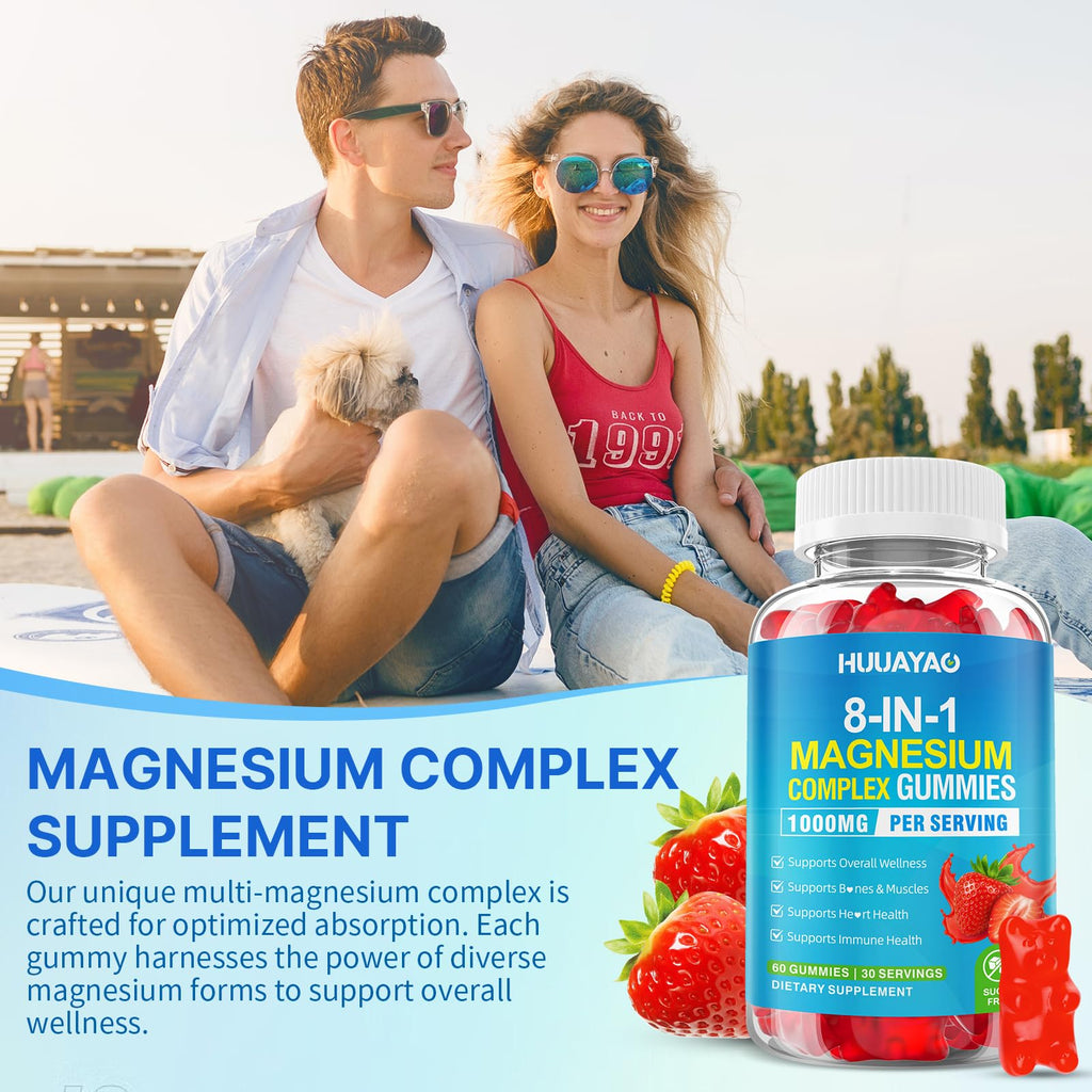 Magnesium Complex Gummies for Women Men 8 in 1, Magnesium Glycinate, Citrate, Malate, Taurate, Supports Bones, Muscle, Nerve Health, Sugar-Free, Vegan Non-GMO, Strawberry Flavor, 120 Count HUUAYAO buy supplements Au