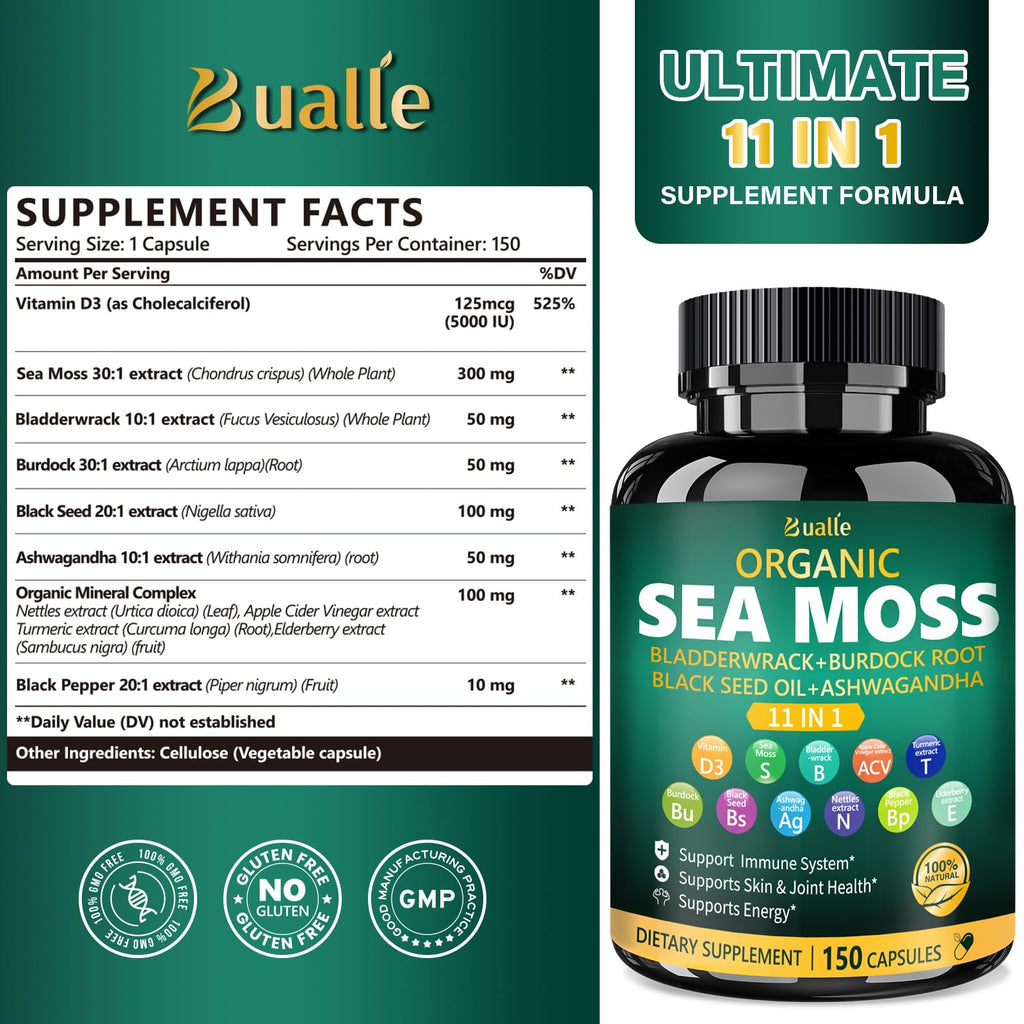 Bualle Irish Sea Moss Capsules – Organic Sea Moss, Black Seed Oil, Ashwagandha Supplements with Bladderwrack, Ginger & Burdock Root – Supports Daily Wellness, Skin & Energy – 150 Count (1 Pack) Bualle buy supplements Au