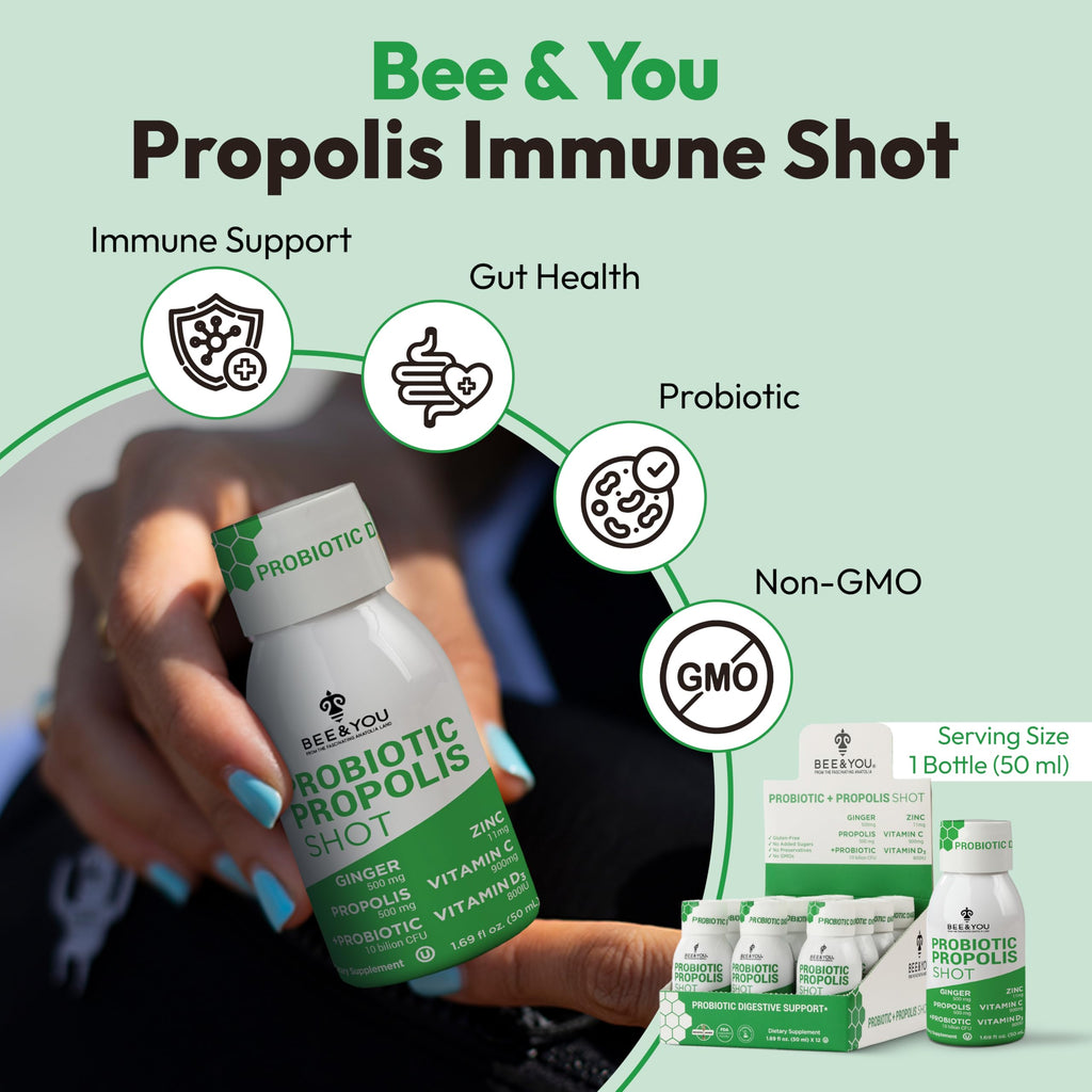Bee and You Propolis Immune Shot, Probiotic, Vitamin C, Vitamin D3, Zinc, Ginger, Immune Support, Gut Health, Digestive Health, Bioactive 1.69 Fl. oz, 12 Pack BEE & YOU buy supplements Au