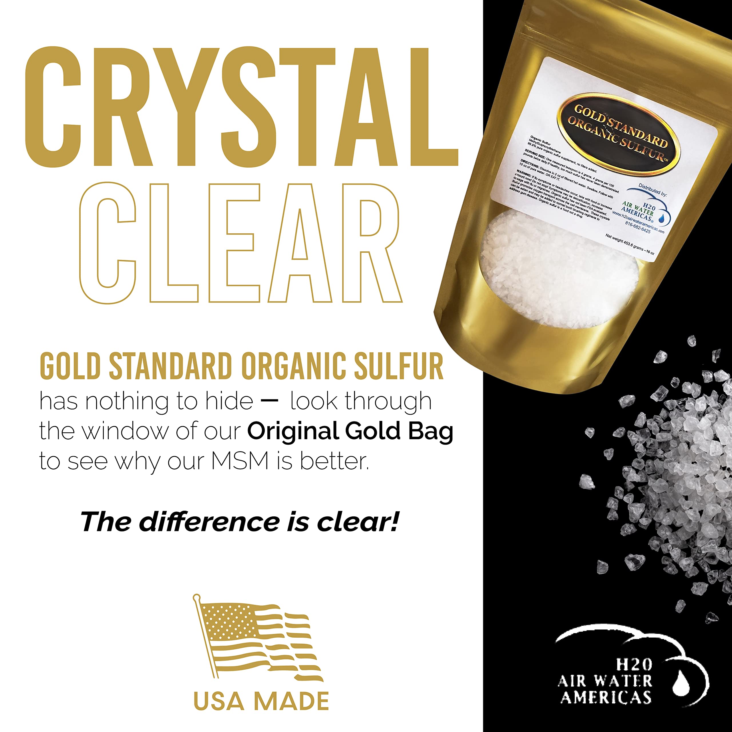 Gold Standard Organic Sulfur Crystals 1lb - 99.9% Pure MSM Crystals - High-Purity MSM Supplement Powder - Large Granular Flakes - 3rd Party Tested for Purity H2O Air Water Americas buy supplements Au