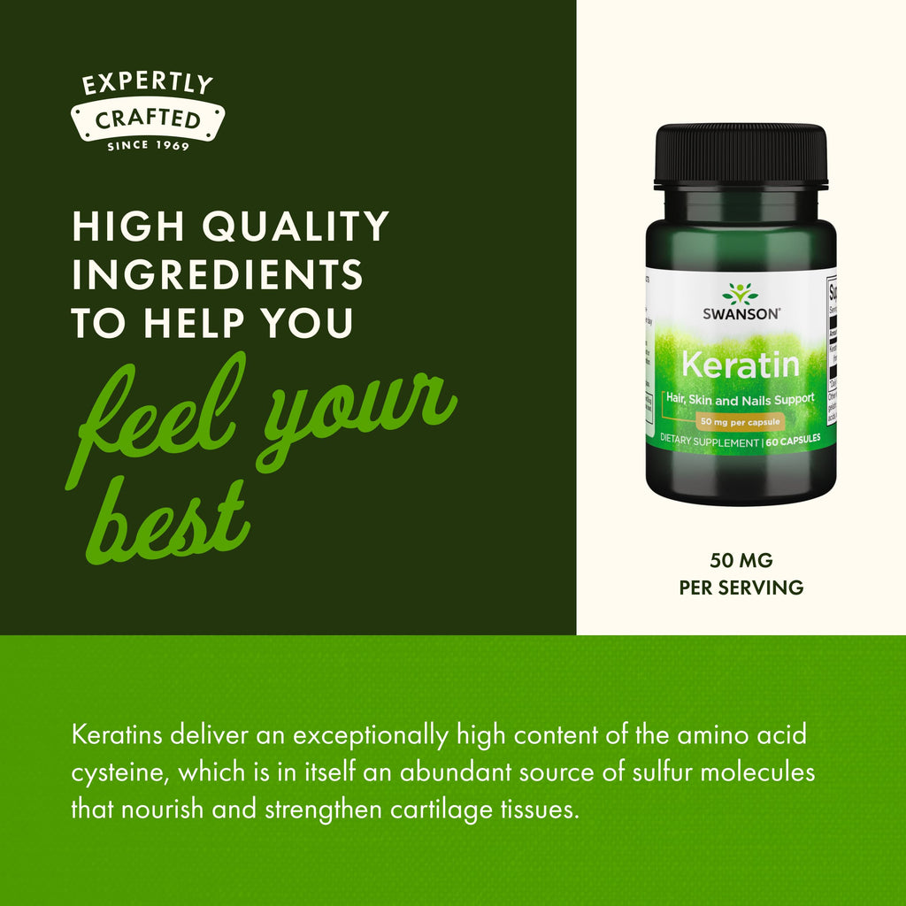 Swanson Keratin (from Tibetan Wool) - Natural Supplement Promoting Healthy Joints, Hair, Skin & Nails - Helps Nourish Healthy Connective Tissues - (60 Capsules, 50mg Each) SwansonBuy Supplements Australia