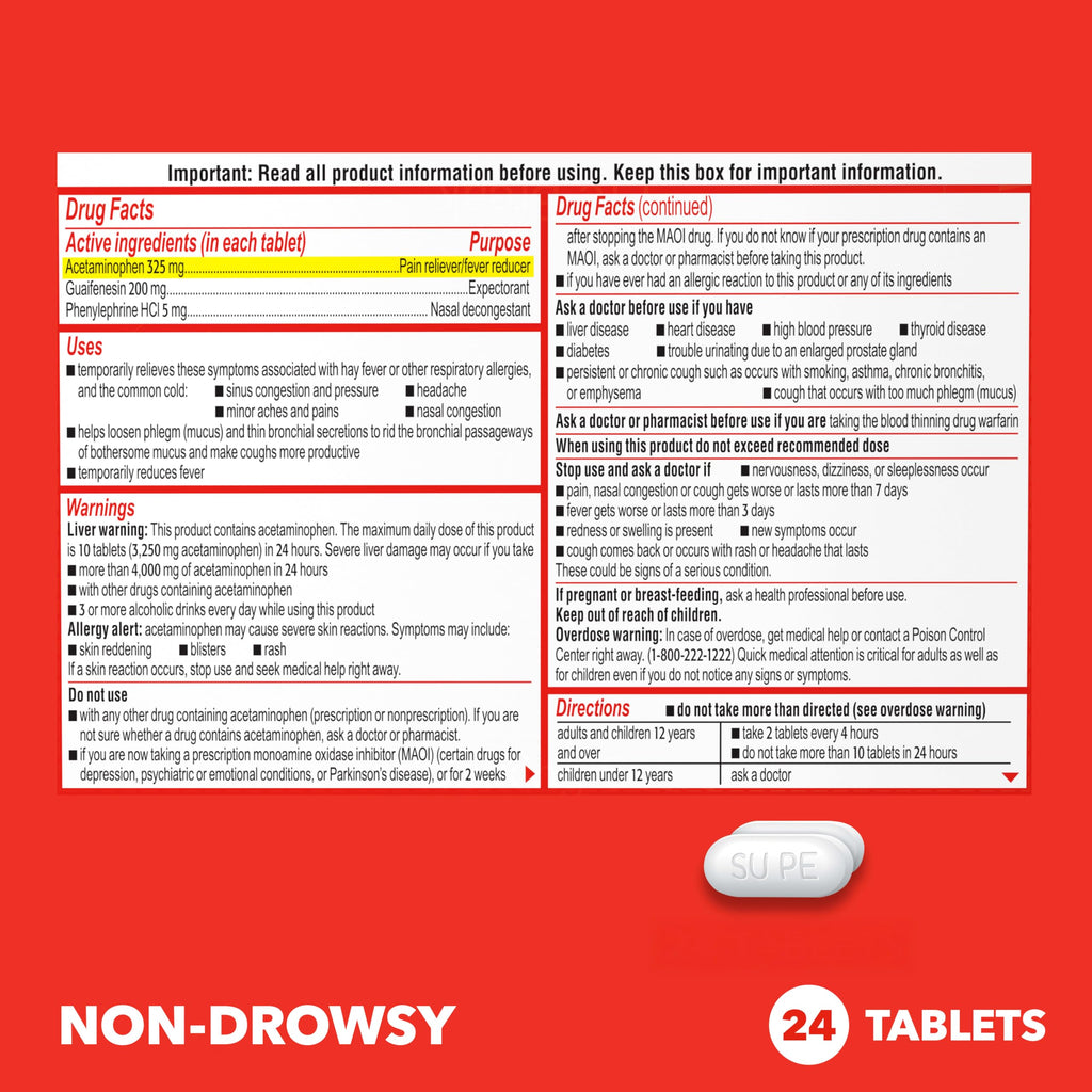Sudafed PE Head Congestion + Mucus Relief Tablets for Sinus Pressure, Congestion, & Headache, Non-Drowsy Decongestant with Acetaminophen, Guaifenesin & Phenylephrine HCI, 24 ct Sudafed buy supplements Au