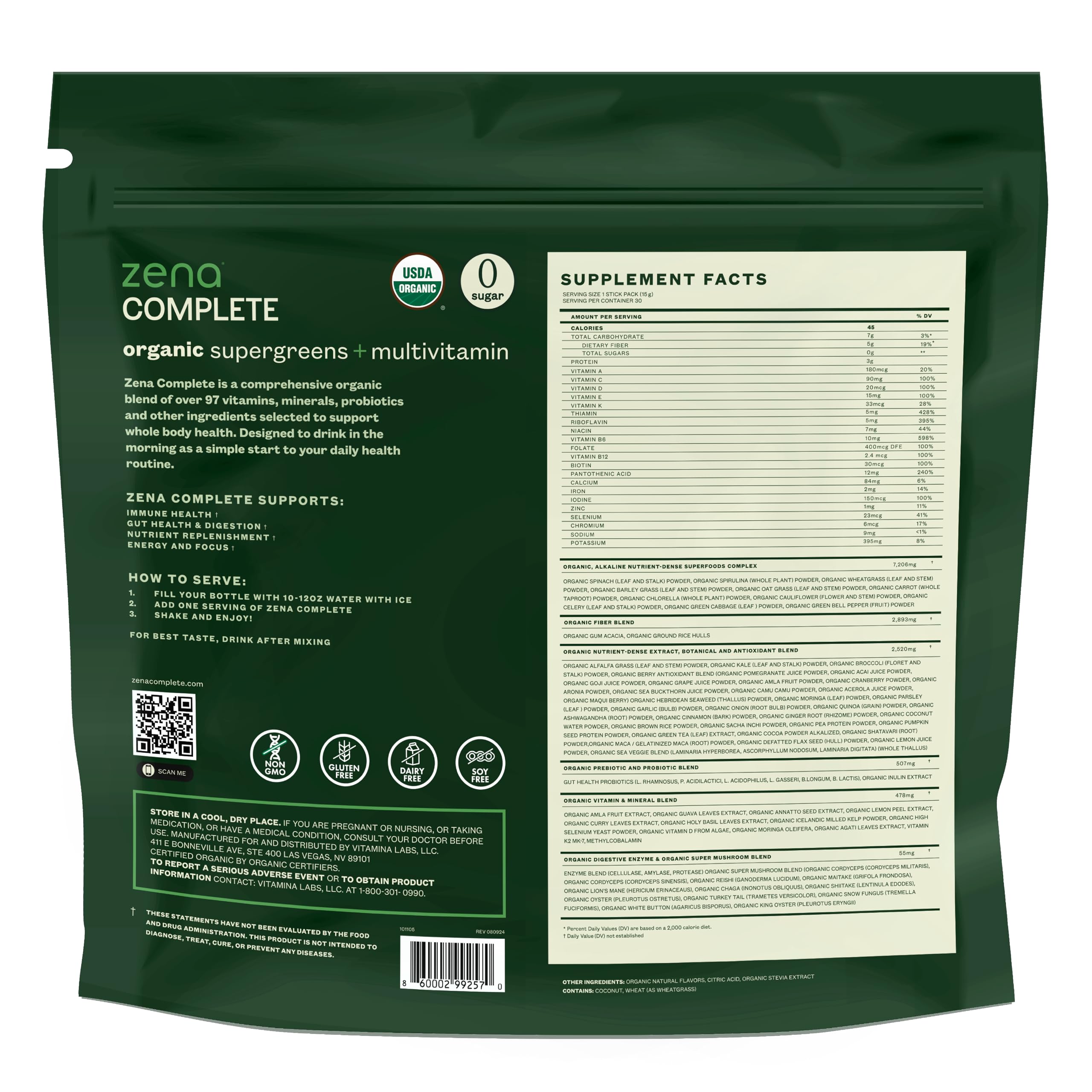Zena Complete Organic Super Greens Powder & Multivitamin, 90+ Supergreens, Fruits, Veggies, Pre & Probiotics, Watermelon Citrus Flavor Zena NutritionBuy Supplements Australia