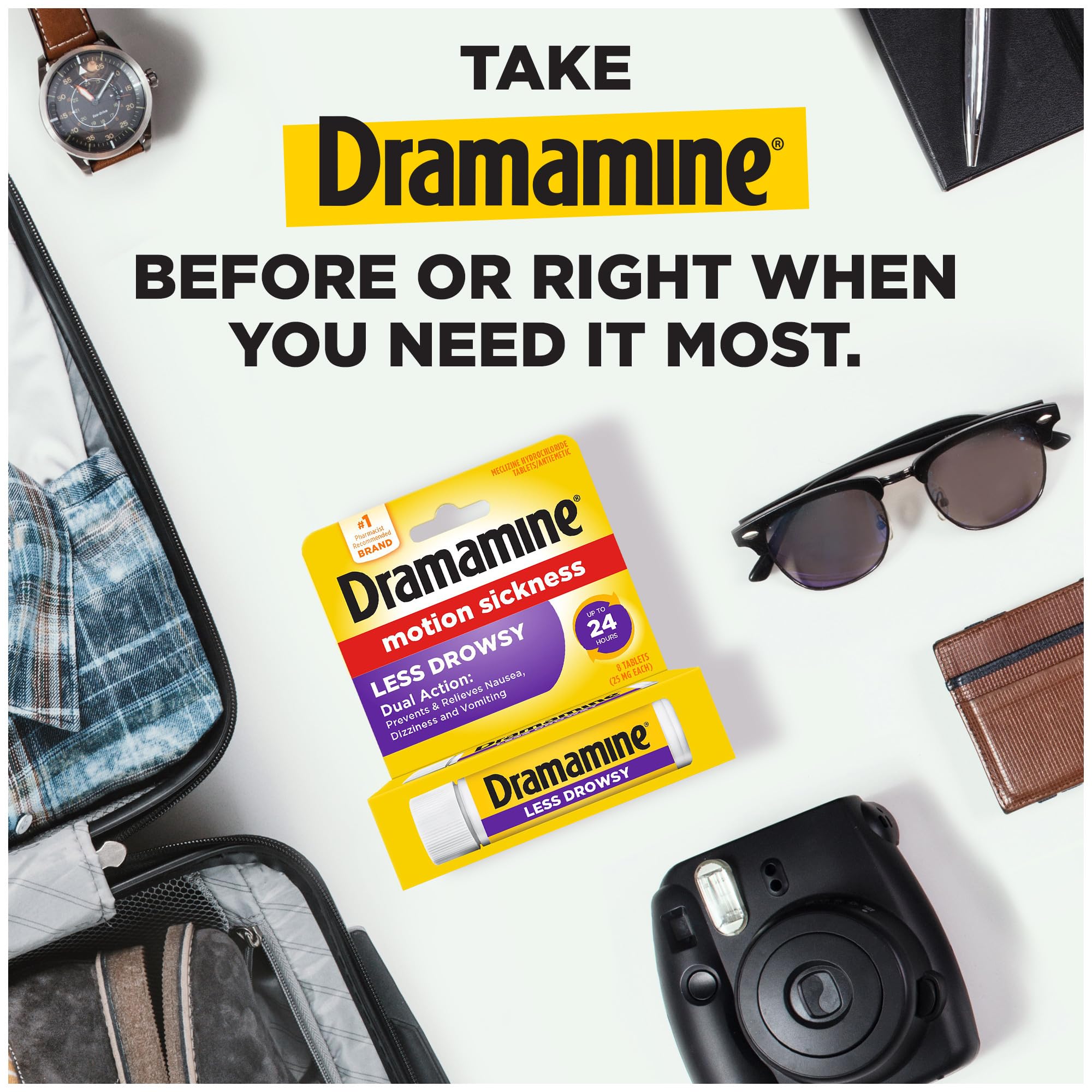 Dramamine Motion Sickness Less Drowsy, Travel Vial, Multicolor, 8 Count Dramamine buy supplements Au