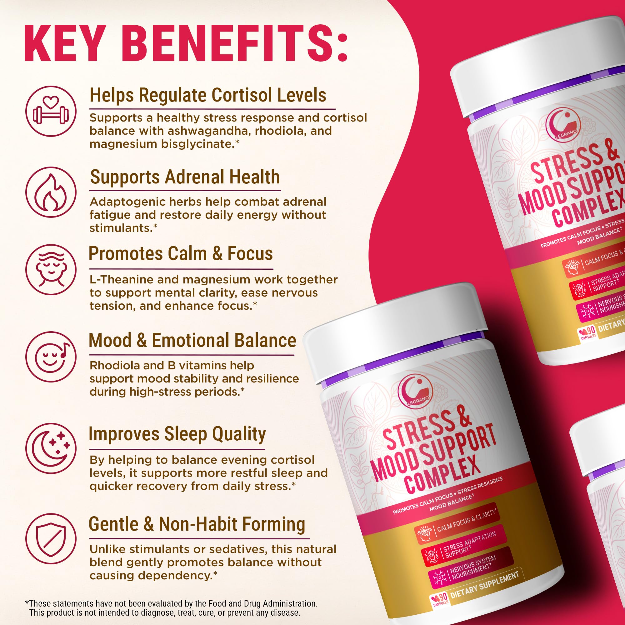 LEGRANO Cortisol Manager Supplements for Women & Men with Ashwagandha, L-Theanine, Magnesium Glycinate, Rhodiola, Ginseng – Cortisol Reducer & Adrenal Support – 90 Capsules – Calm, Focus, Balance LEGRANOBuy Supplements Australia