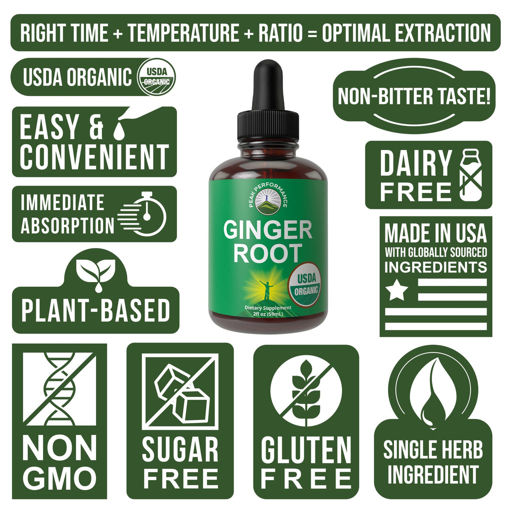 USDA Organic Ginger Root Extract Liquid Drops. Zero Sugar, Non Bitter Vegan Ginger Oil Supplement for Immune, Digestive + Gut Support. High Bioavailability, Gluten Free for Women and Men. Take Orally Peak PerformanceBuy Supplements Australia