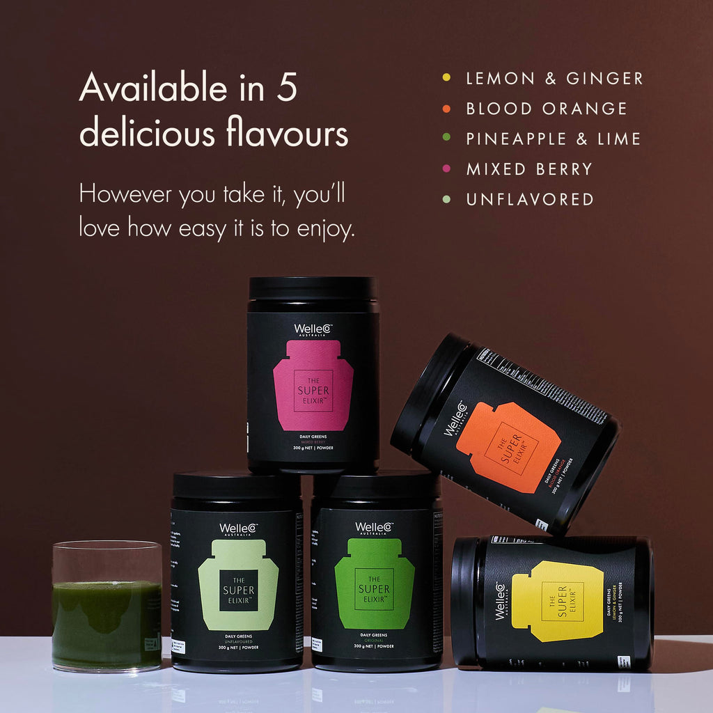WelleCo The Super Elixir Daily Greens Powder, Probiotic Drink Mix with Whole Foods, Gluten Free, Vegan Gut Health Powder, Energy, Immunity, Healthy Skin, Hair & Nails (300g, Lemon Ginger) WelleCoBuy Supplements Australia