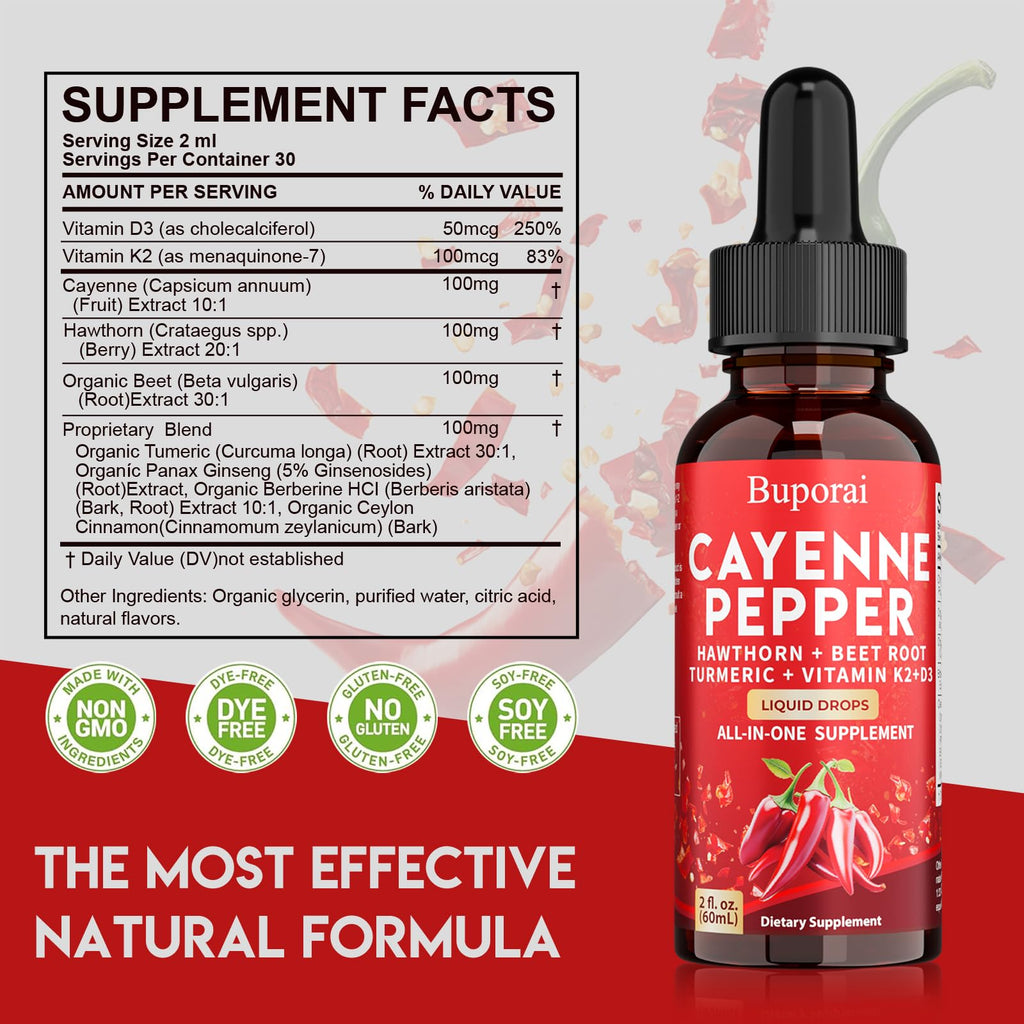 Buporai Cayenne Pepper Drops, Cayenne Pepper Extract Liquid Supplement for Overall Well-Being, 2 fl oz, Vitamin D3 K2 Beet Root Powder BuporaiBuy Supplements Australia