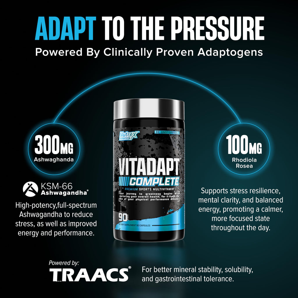 Nutrex Research Vitadapt Complete Sports Multivitamin for Men - 24 Vitamins, KSM-66 Ashwagandha and Minerals for Athletes - Mens Multivitamin (90 Capsules) Nutrex Research buy supplements Au