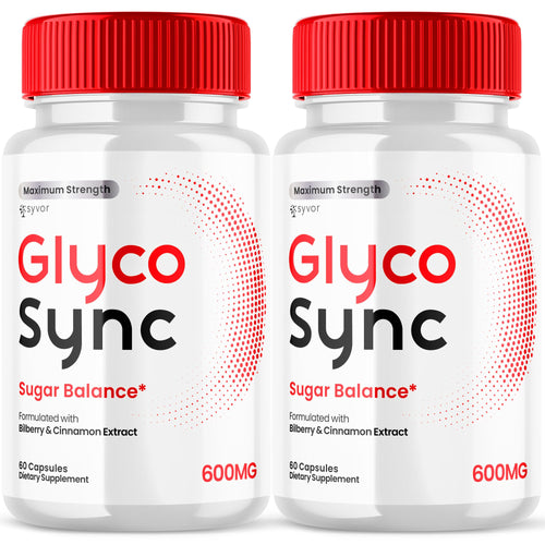 Two bottles of Glyco Sync dietary supplements with red caps on a white background