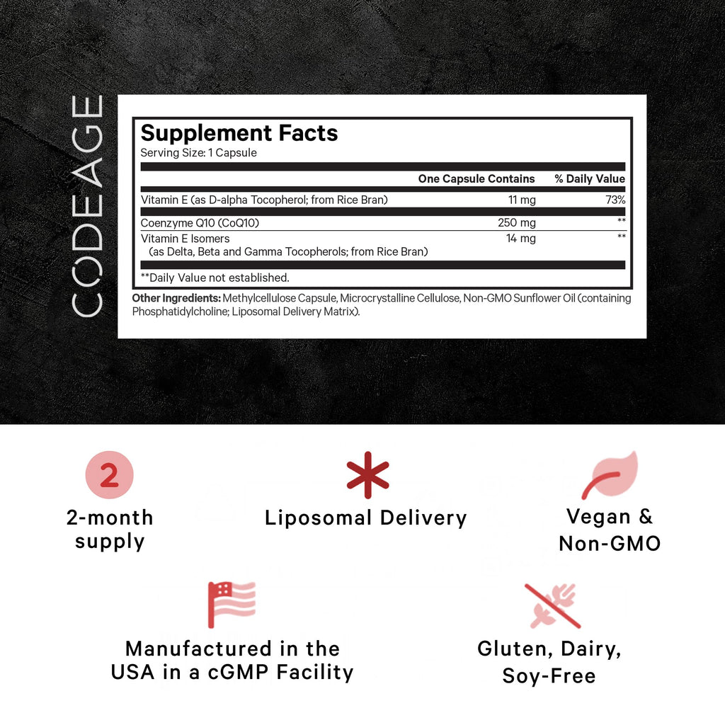 Codeage Liposomal CoQ10 Max Supplement - 250 mg Coenzyme Q10 with Vitamin E Isomers Tocopherols - 2-Month Supply - 1 Capsule Per Serving - Liposomal Delivery - Non-GMO, Gluten-Free - 60 Capsules CodeageBuy Supplements Australia