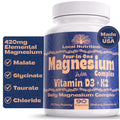 Local Nutrition Magnesium Complex 420mg with Vitamin D3 K2 - Four Bioavailable Forms Including Bisglycinate (Glycinate), Malate, Taurate, and Chloride
