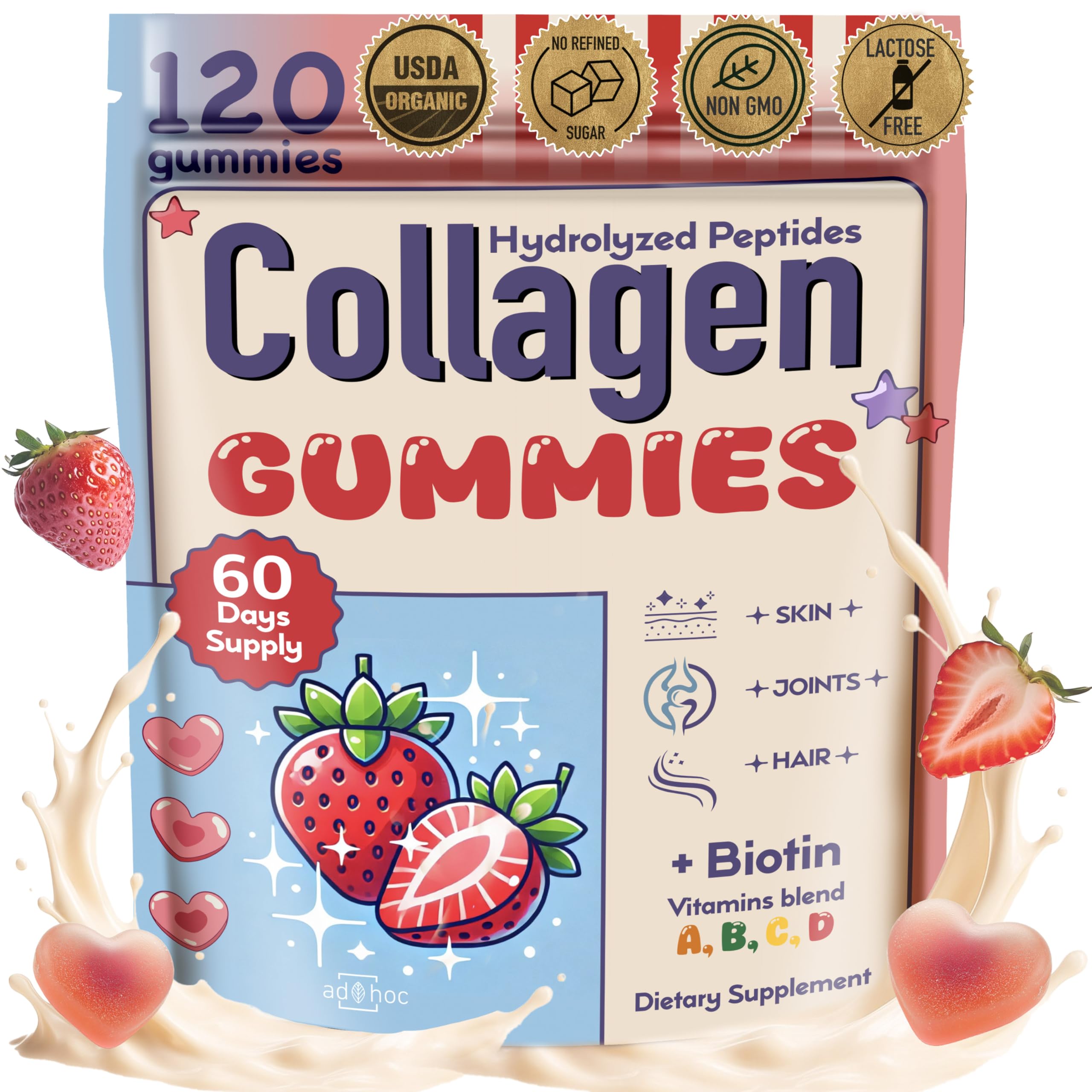 Collagen Peptides Gummies for Women – Biotin, Zinc, Vitamin D3 – 120 Count – Hydrolyzed Collagen Gummy Complex – Hair, Skin & Nails Support – Sugar-Free, Halal, Lactose-Free, Strawberry Cream Flavor ad hocBuy Supplements Australia