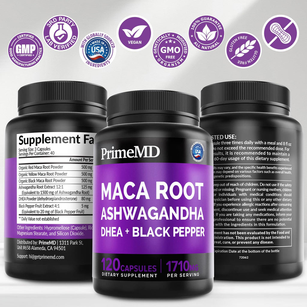 6-in-1 Organic Maca Root Ashwagandha Capsules 1710mg with DHEA and Black Pepper Fruit Extract for Women and Men - Black Maca Supplement for Stamina, Bone and Mood Support Supplement, 120ct (Pack of 3) PrimeMDBuy Supplements Australia