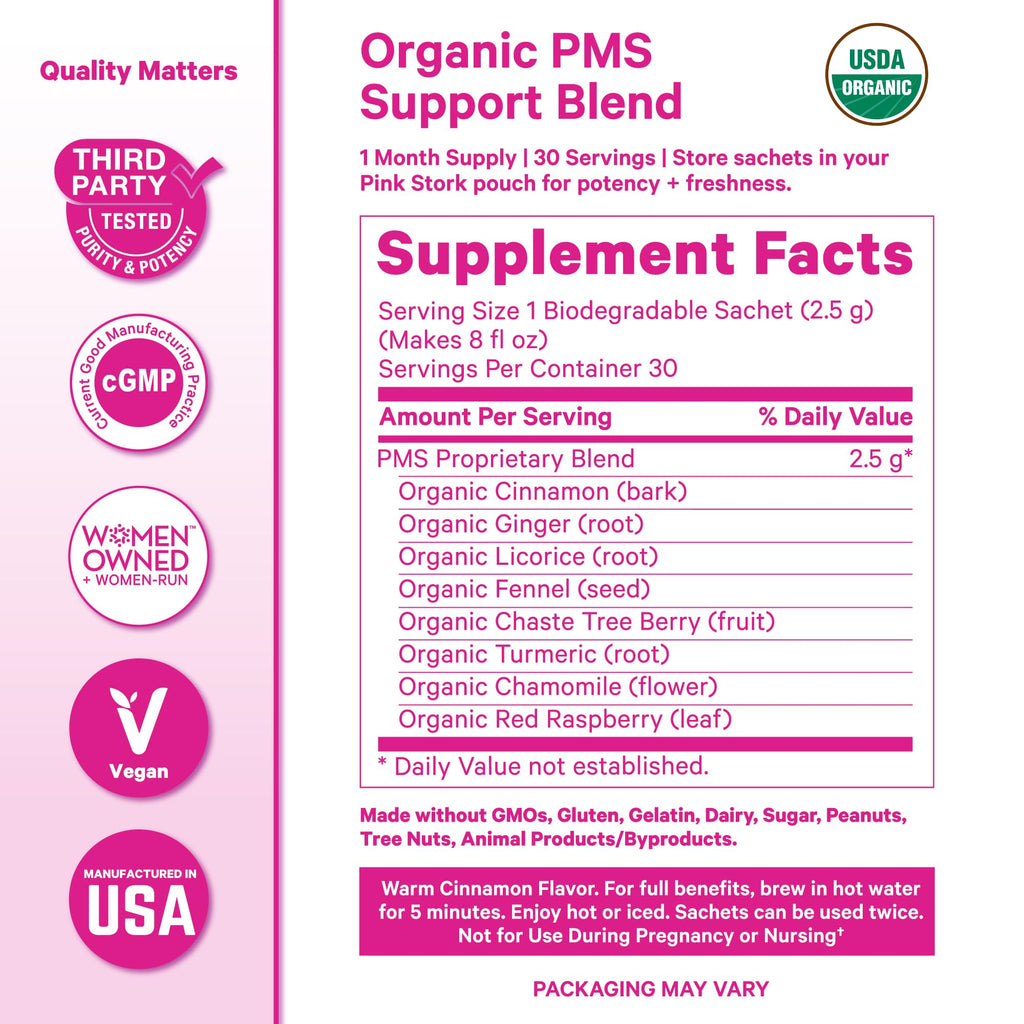 Pink Stork Organic PMS Tea for Hormone Balance, Mood Swings, Bloating, and Period Regularity - 8 Herbs - Vitex, Red Raspberry Leaf, Chamomile - Caffeine-Free - 15 Sachets, Hot or Iced Pink StorkBuy Supplements Australia