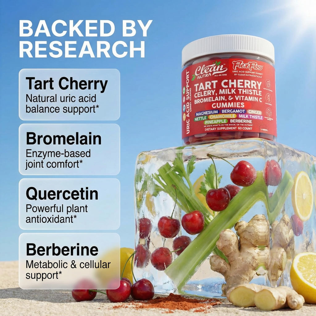 Clean Nutra Tart Cherry Gummies Uric Acid Flush Celery Milk Thistle Bromelain Vitamin C Magnesium Citrus Bergamot Ginger Stinging Nettle Leaf Chamomile Berberine Quercetin Support 60 Gummy Vitamins Clean NutraceuticalsBuy Supplements Australia