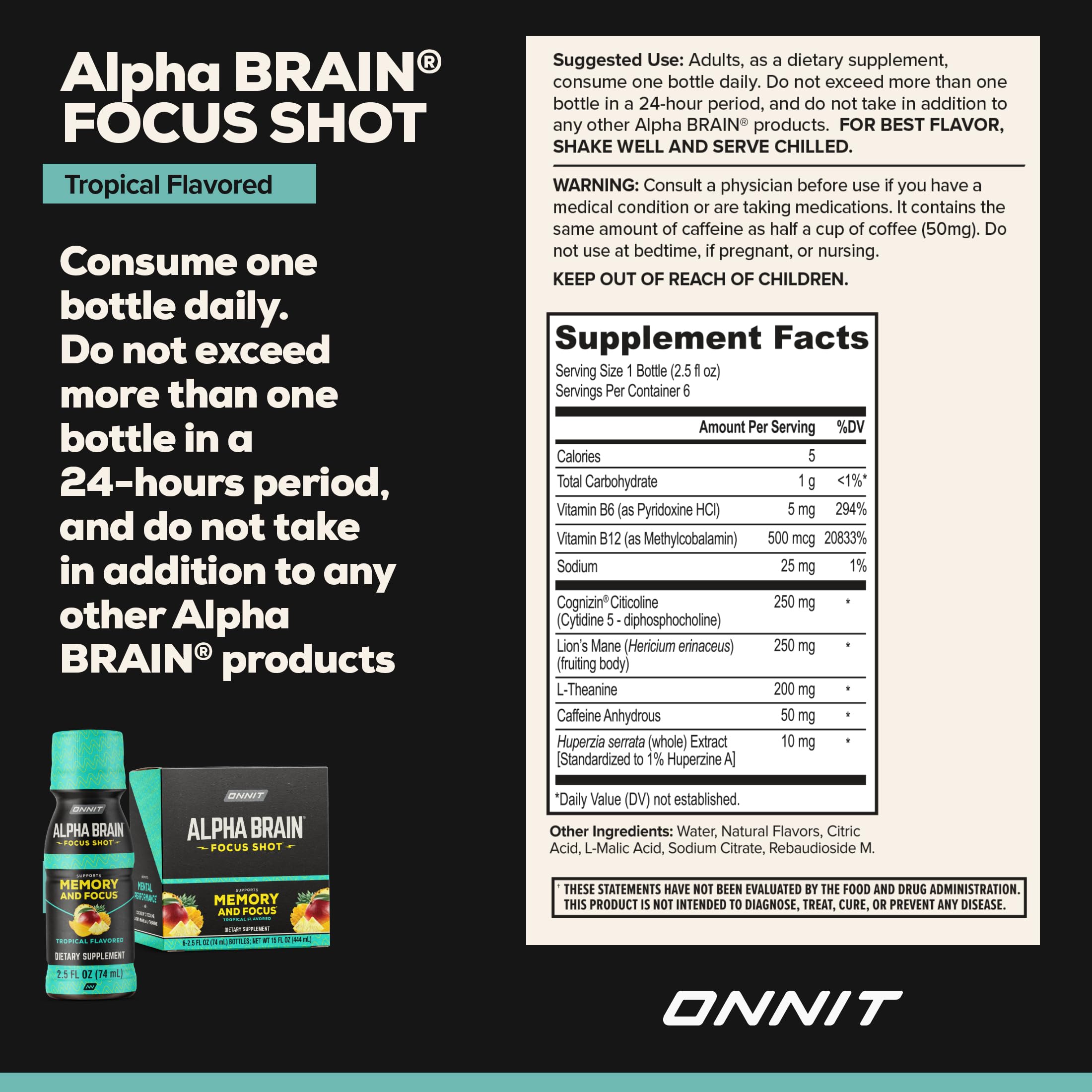 ONNIT Alpha Brain Focus Shot, Tropical Flavor, Nootropic Dietary Supplement Drink That Supports Energy, Focus, and Mood, IGEN™ Non-GMO Tested, 2.5 fl oz, 6 Count ONNITBuy Supplements Australia