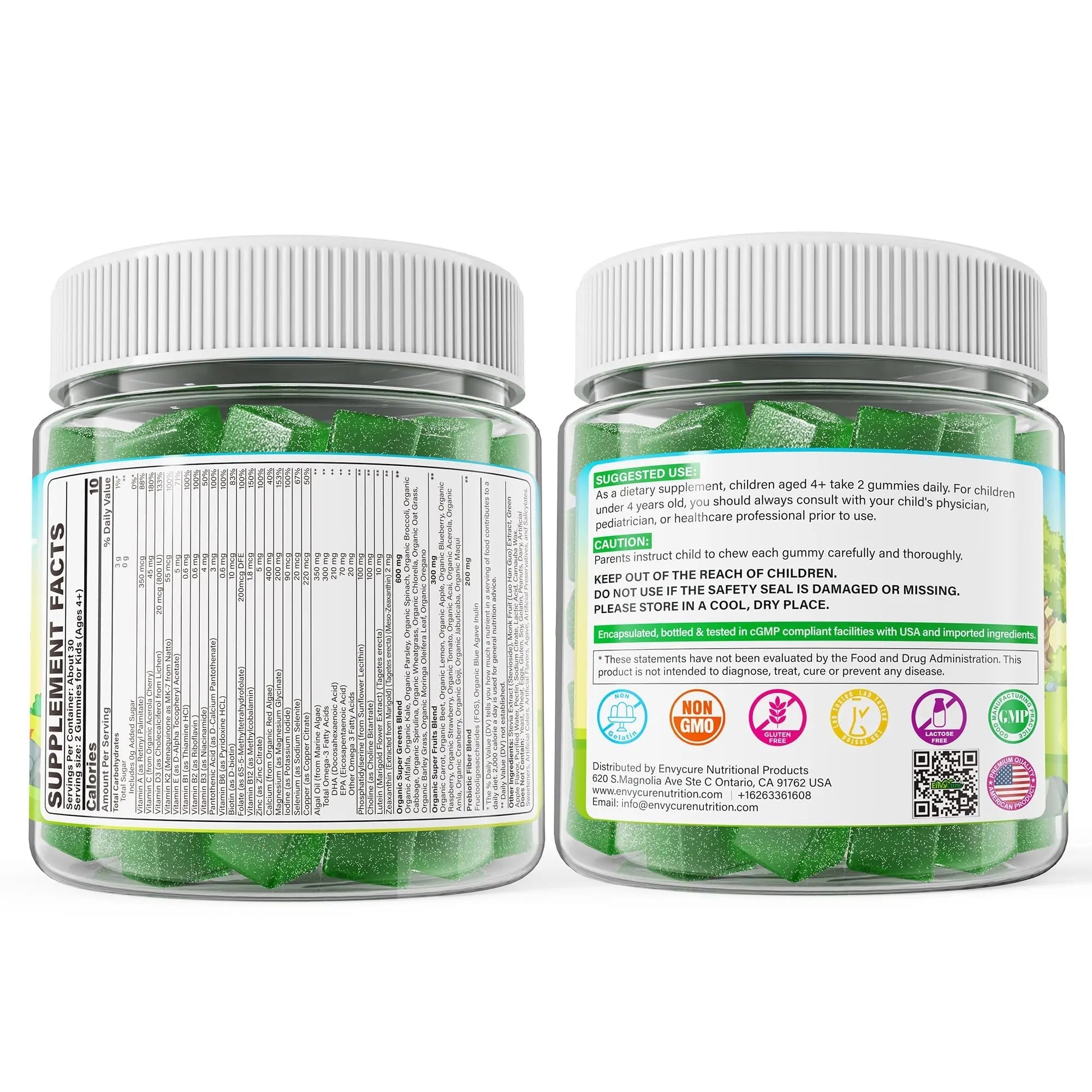 Kids Super Greens Gummies, w/Multivitamins, Spirulina, Chlorella, Spinach, Broccoli, Calcium, Omega-3 (DHA/EPA) EnvyCure