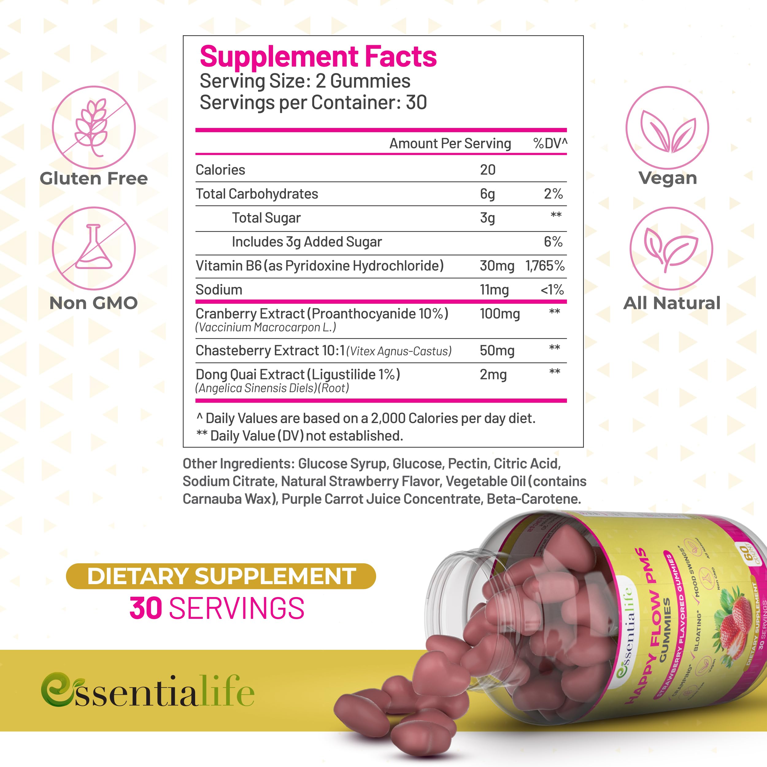 PMS Gummies - Happy Flow PMS Support Supplement for Women - Strawberry PMS Relief Supplement with Vitamin B6 for Hormone Balance, Period Support, Cramps, Hormonal Acne & Bloating Relief (60 Count) EssentialifeBuy Supplements Australia