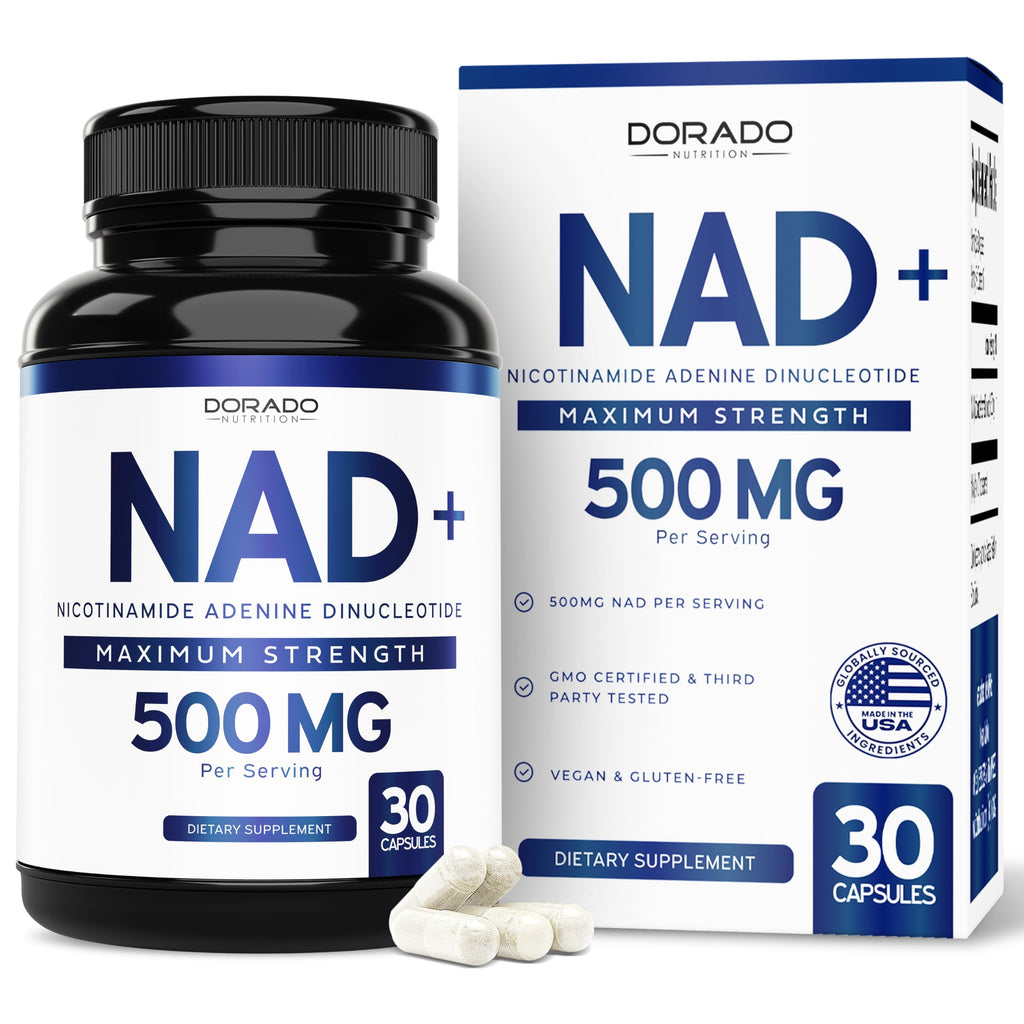 Dorado NAD+ supplement bottle and packaging on a white background