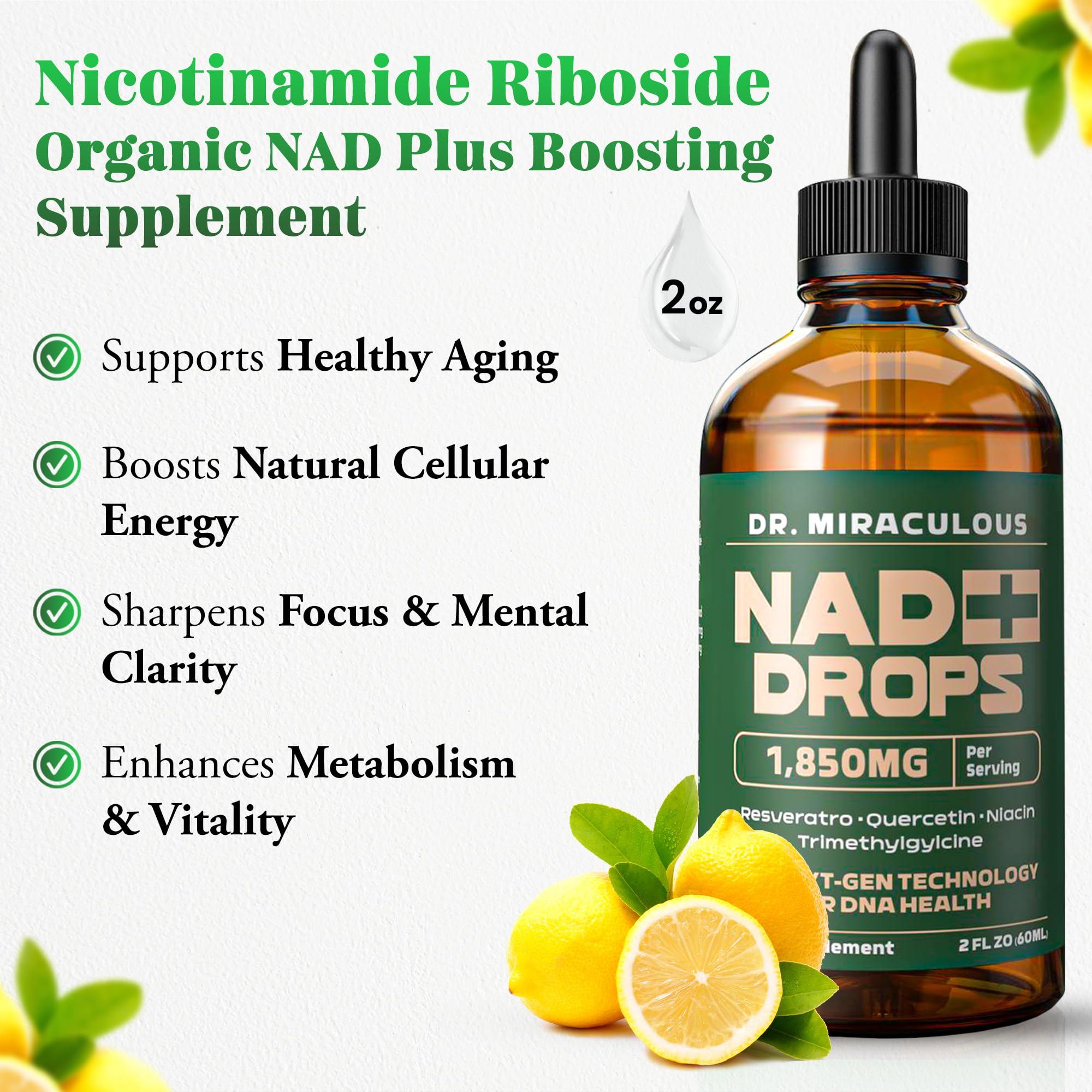 Dr. Miraculous Pure NAD+ Supplements 1850mg Liquid Drops for Women & Man | Nicotinamide Riboside Organic NAD Plus Boosting Supplement - Natural Lemon Flavor Dr. MiraculousBuy Supplements Australia