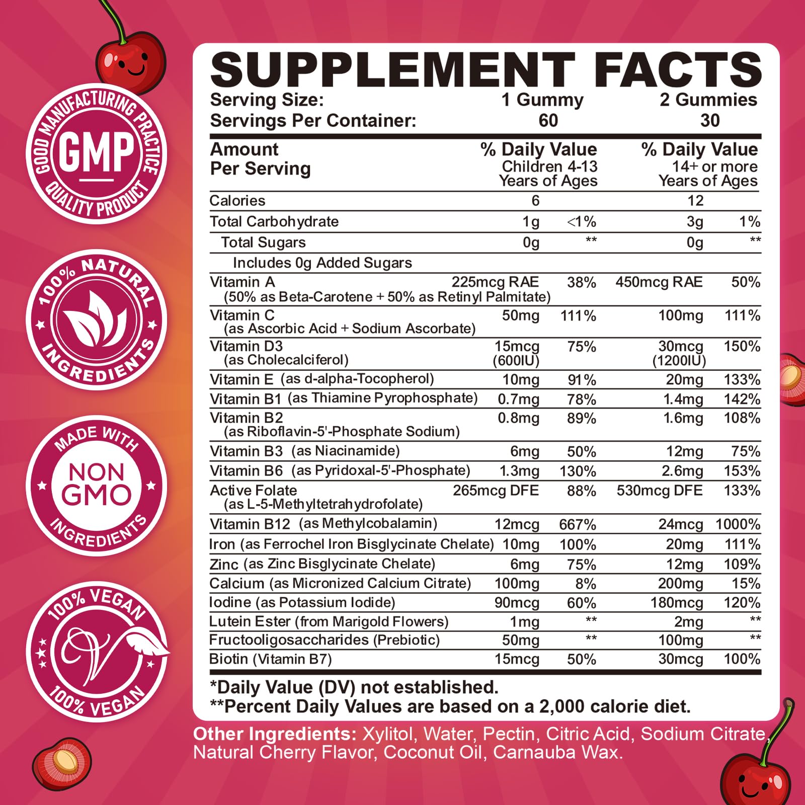 Iron Gummies for Kids & Teens, Kids Multivitamin with Iron Supplement, Calcium, Folate, Zinc, Prebiotic - for Blood Builder & Energy Support, Iron Deficiency - Vegan & Non-GMO - 60 Count Cherry CFILIHTCBuy Supplements Australia