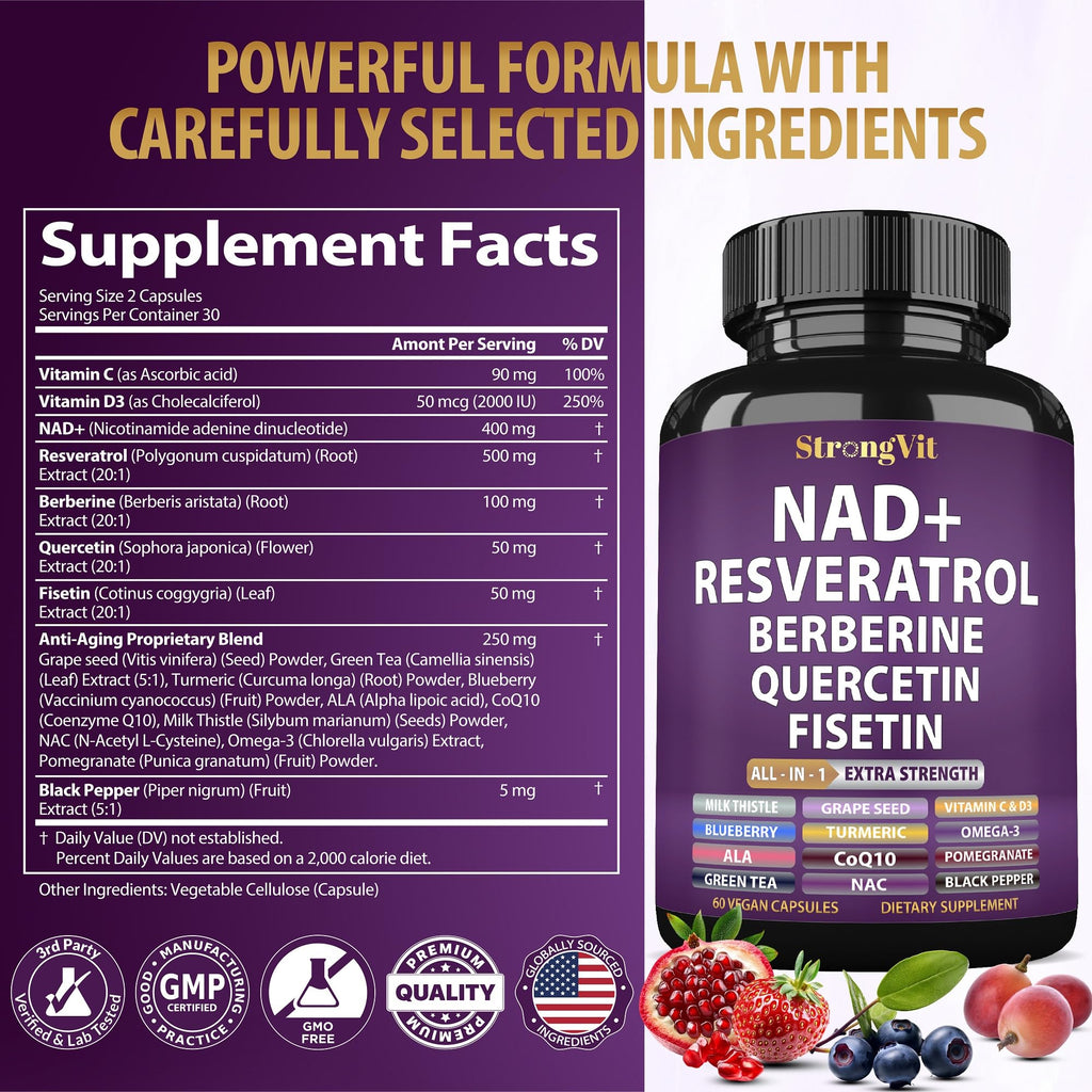 NAD Resveratrol Supplement with Berberine, Quercetin, CoQ10. Anti-Aging Formula for Women & Men. Liposomal NAD Plus, NAD+ Booster, Pure Organic Vitamin, USA StrongVitBuy Supplements Australia