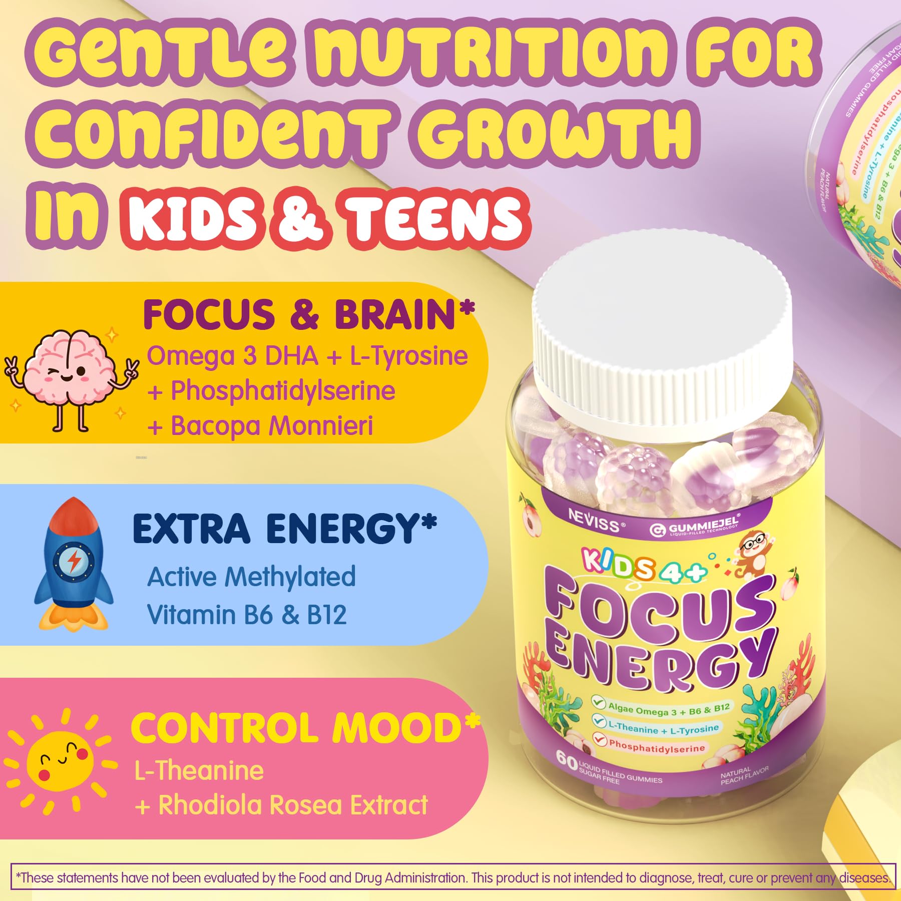 Kids Focus Gummies - Brain Supplements with Vegan Omega 3 DHA, Phosphatidylserine, L-Theanine, L-Tyrosine, Methylated B6 & B12 for Kids & Teen Support Attention, Memory, Nootropic, Sugar Free 60cts NEVISSBuy Supplements Australia