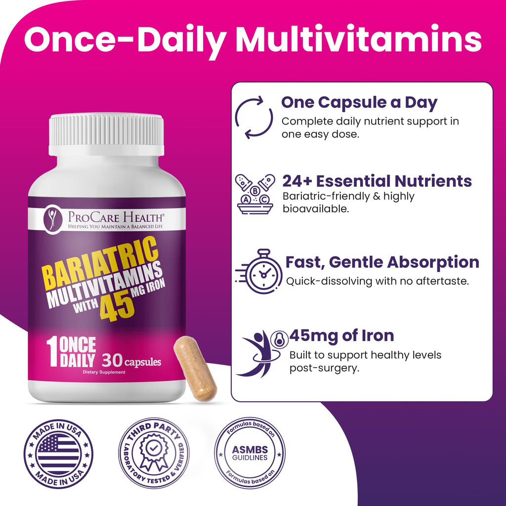 ProCare Health Bariatric Multivitamin with 45mg Iron (30 Easy to Swallow Capsules) - Once Daily Post-Op Support for Gastric Bypass ProCare HealthBuy Supplements Australia