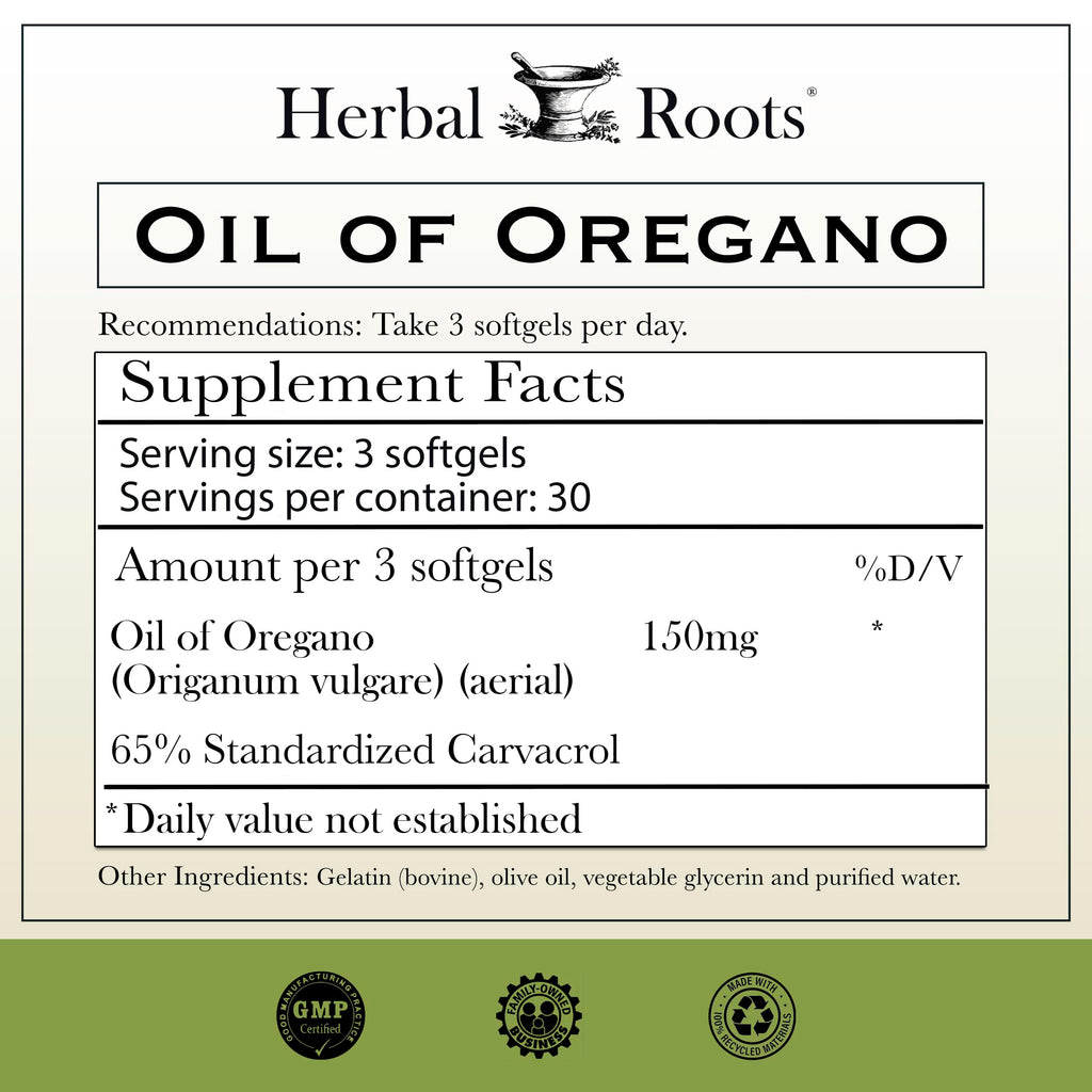 Herbal Roots Oil of Oregano - Made from Mediterranean Oregano Oil - 90 Easy to Swallow Softgel Capsules - Extra Strength 150mg Herbal Roots buy supplements Au