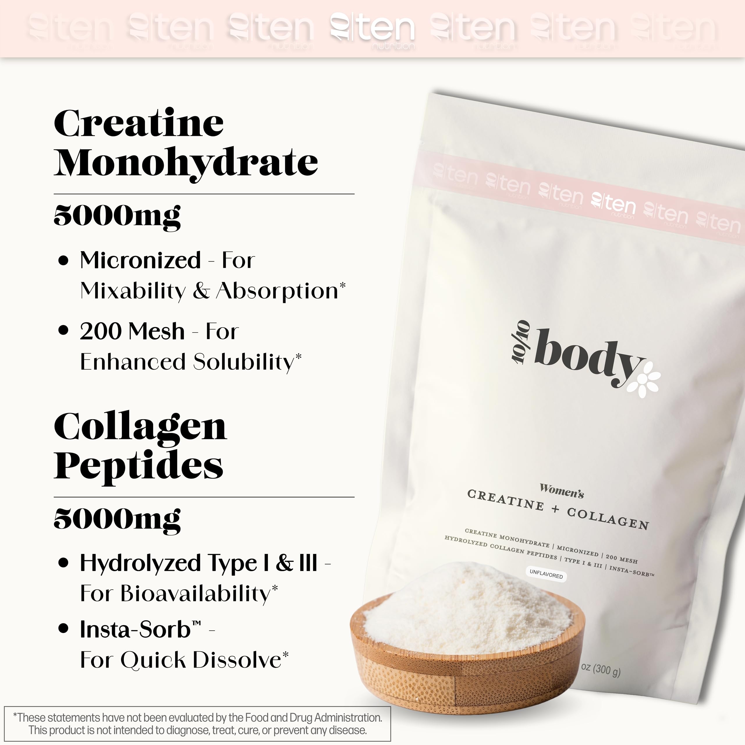 New - Creatine + Collagen for Women – Supports Lean Muscle Growth & Development, Booty Gain, Energy & Recovery – 5g Creatine Monohydrate Plus 5000mg Collagen Peptides Combo – Unflavored, 30 Servings 10Ten NutritionBuy Supplements Australia