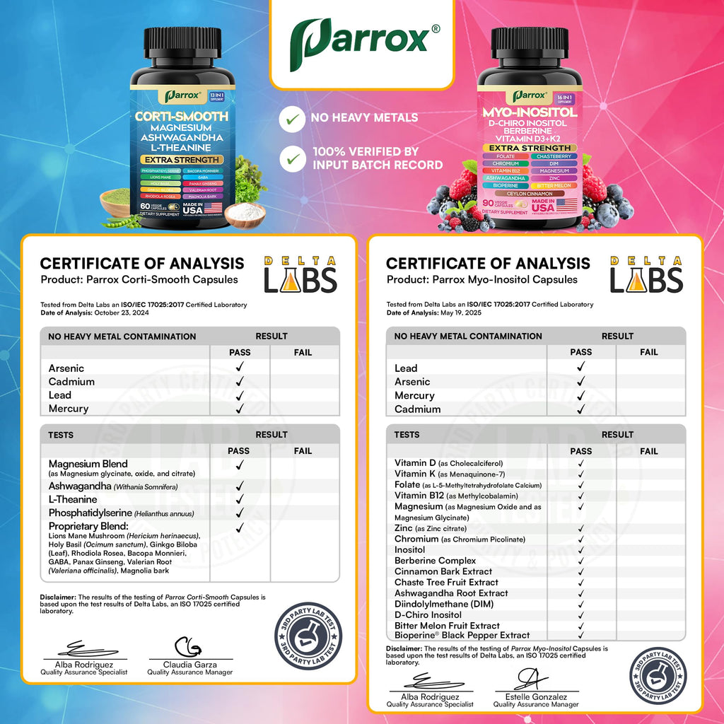 Parrox Cortisol & Myo-Inositol Supplement Bundle, Soothe & Smooth Bundle, 13-in-1 Cortisol Balance, Magnesium, Ashwagandha, L-Theanine, D-Chiro Inositol, Folate, Berberine, Chasteberry (150 Capsules) ParroxBuy Supplements Australia