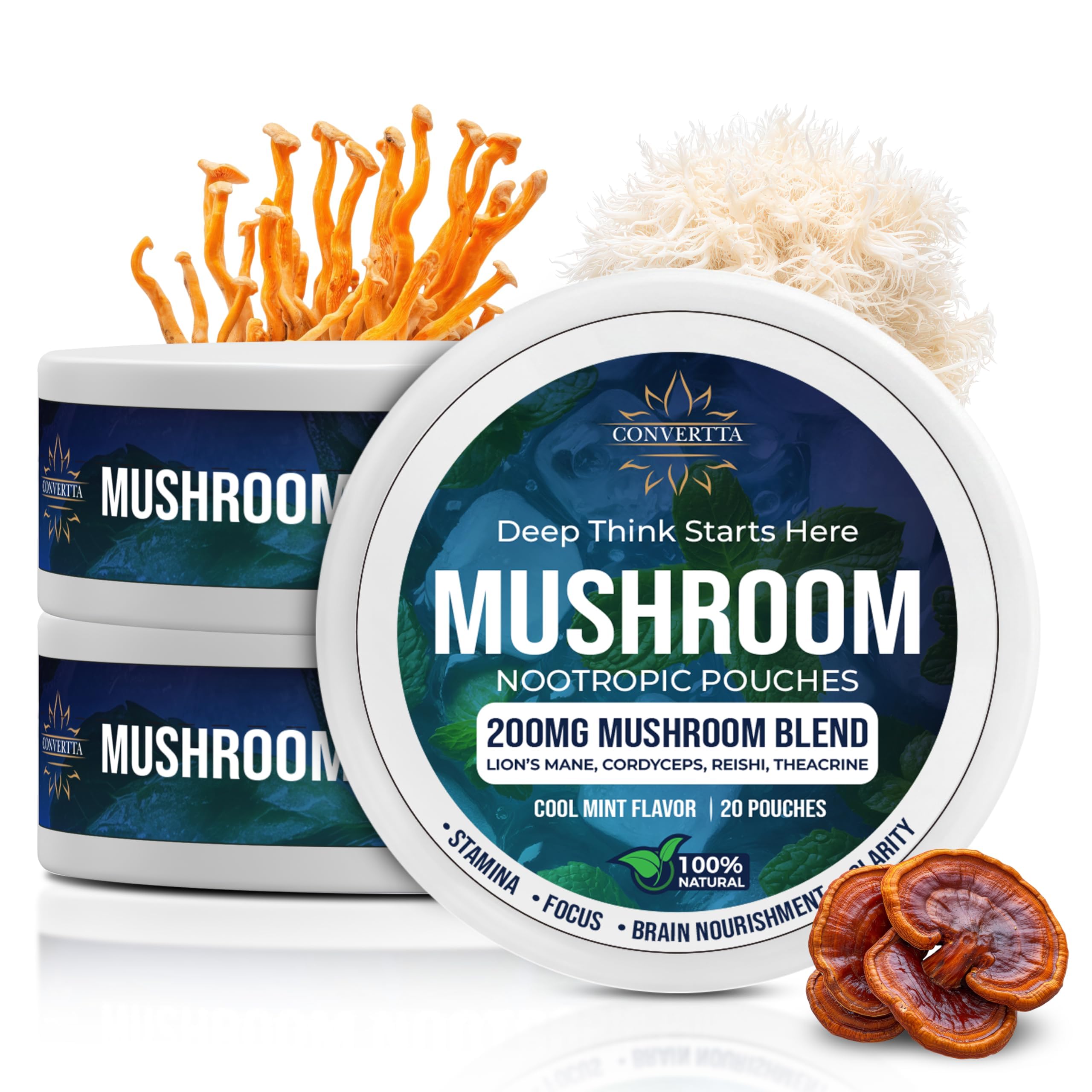 CONVERTTA Mushroom Nootropic Pouches - 200mg Nicotine-Free, Caffeine-Free Organic Mushroom Energy Ultra Pouches with Lion's Mane, Reishi, Cordyceps for Focus & Clean Energy - (6, Cool Mint) CONVERTTABuy Supplements Australia